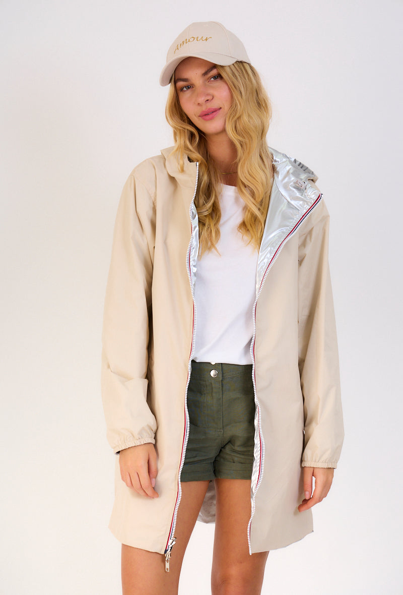 Parka mi-longue réversible argent/beige zip blanc