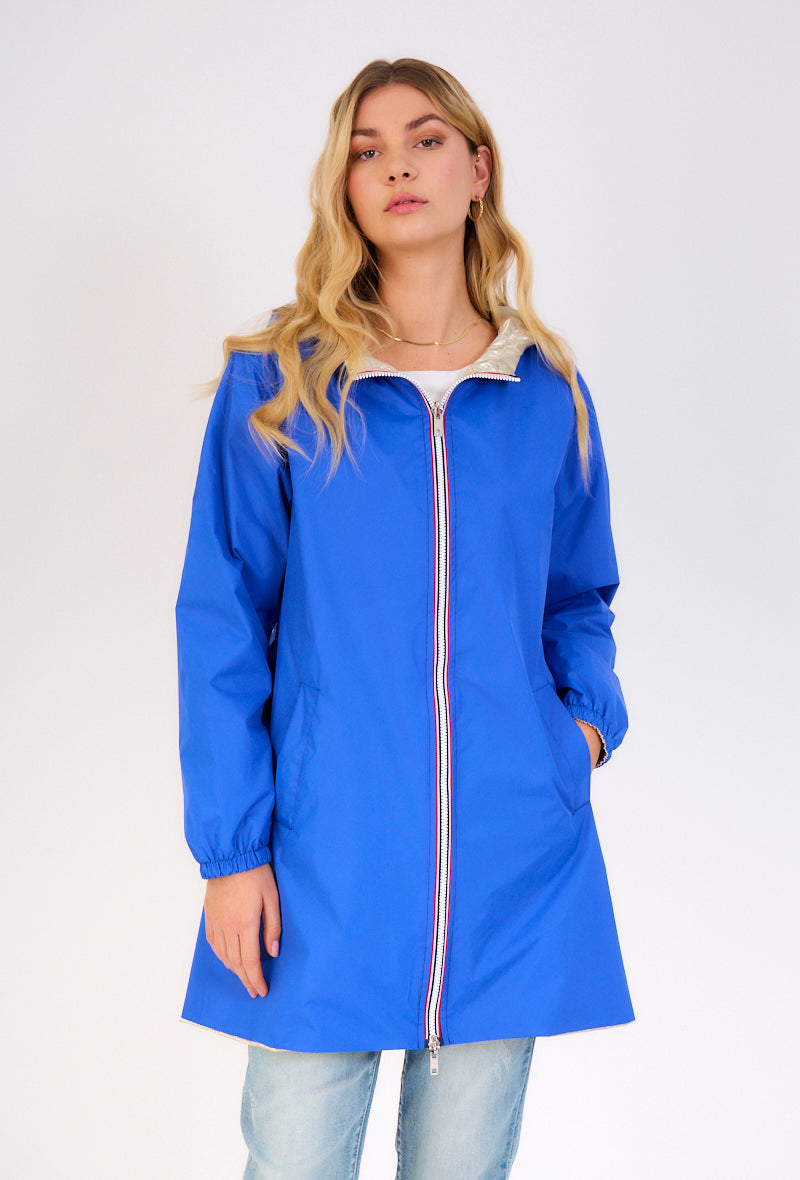 Parka mi-longue réversible bleu/or zip blanc