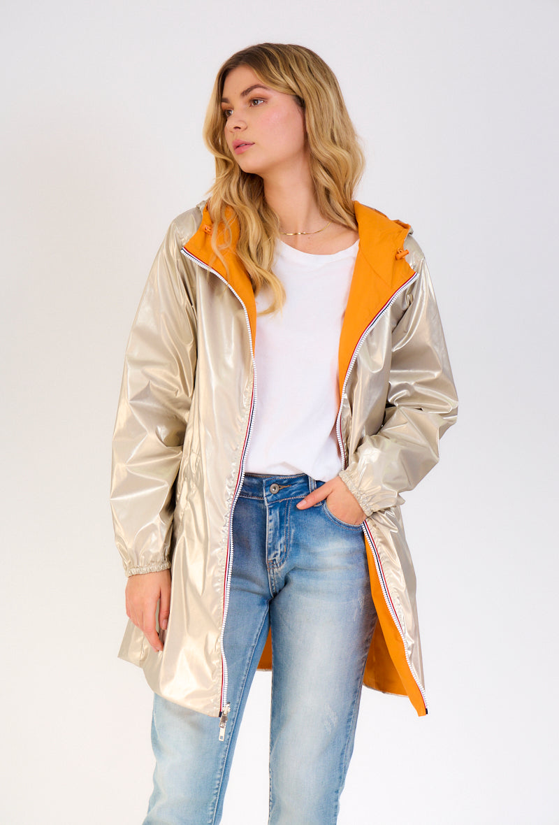Parka mi-longue réversible orange/or zip blanc