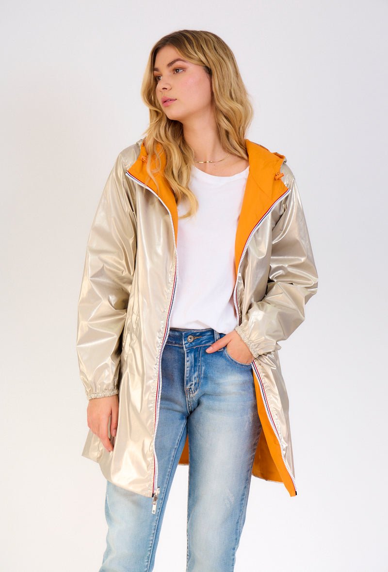 PARIS - Parka Orange - Escandelle (Vue de face - portrait - parka imperméable réversible côté dorée)
#couleur_orange