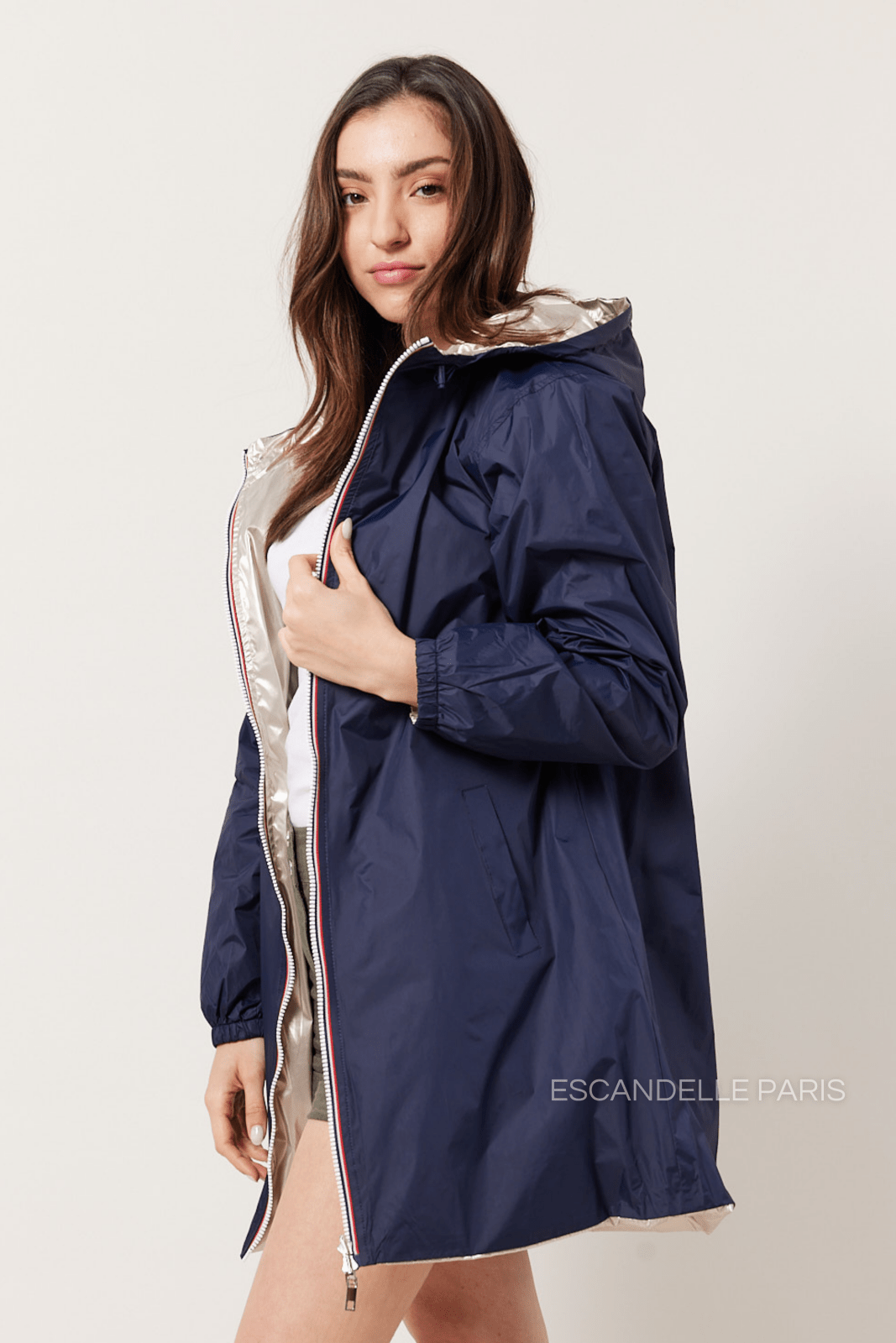 PARIS - Parka Marine - Escandelle (Vue de face - portrait - parka imperméable réversible marine)
#couleur_navy