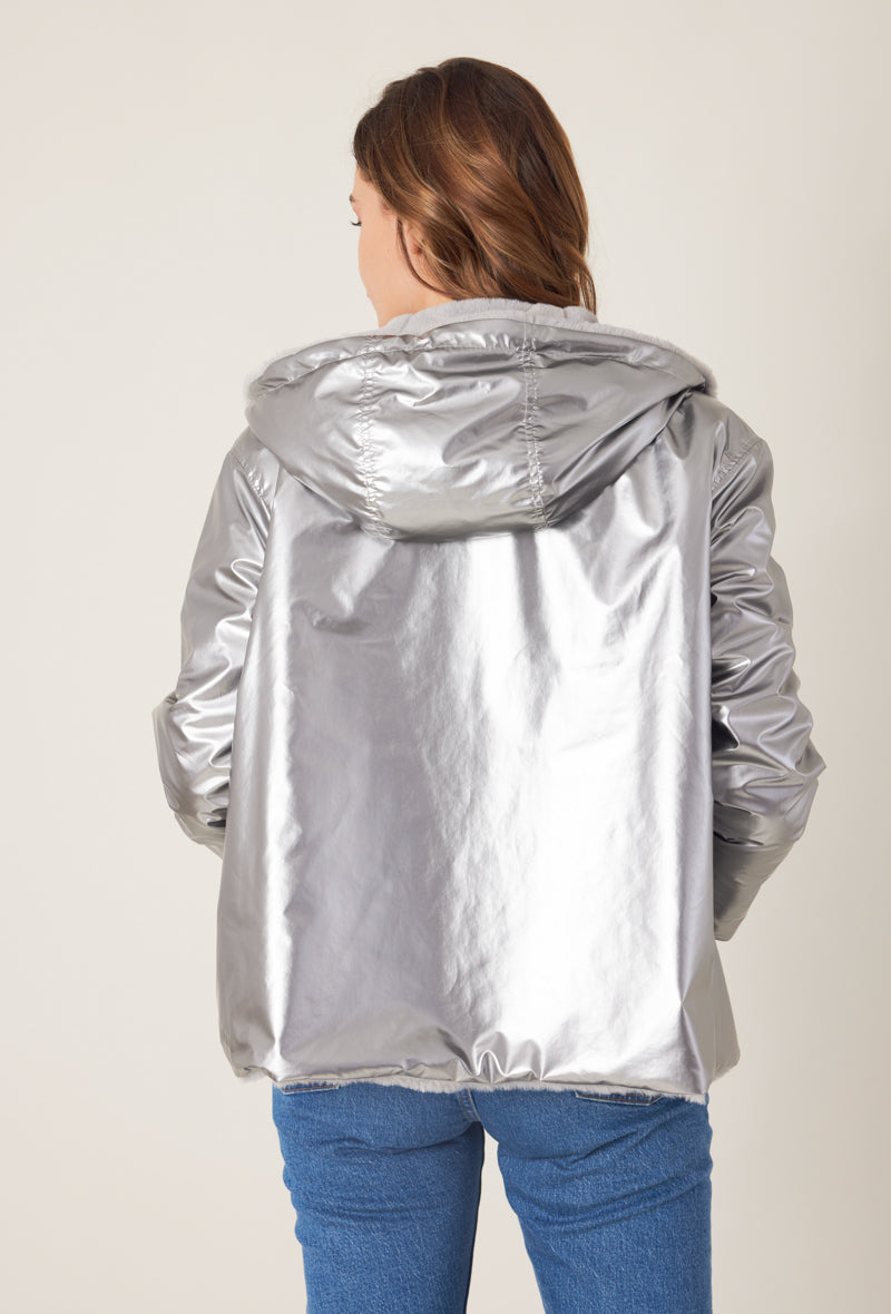 Parka ANGELE Escandelle – vue de dos – veste noire fourrée réversible au design minimaliste et féminin.
#couleur_argent