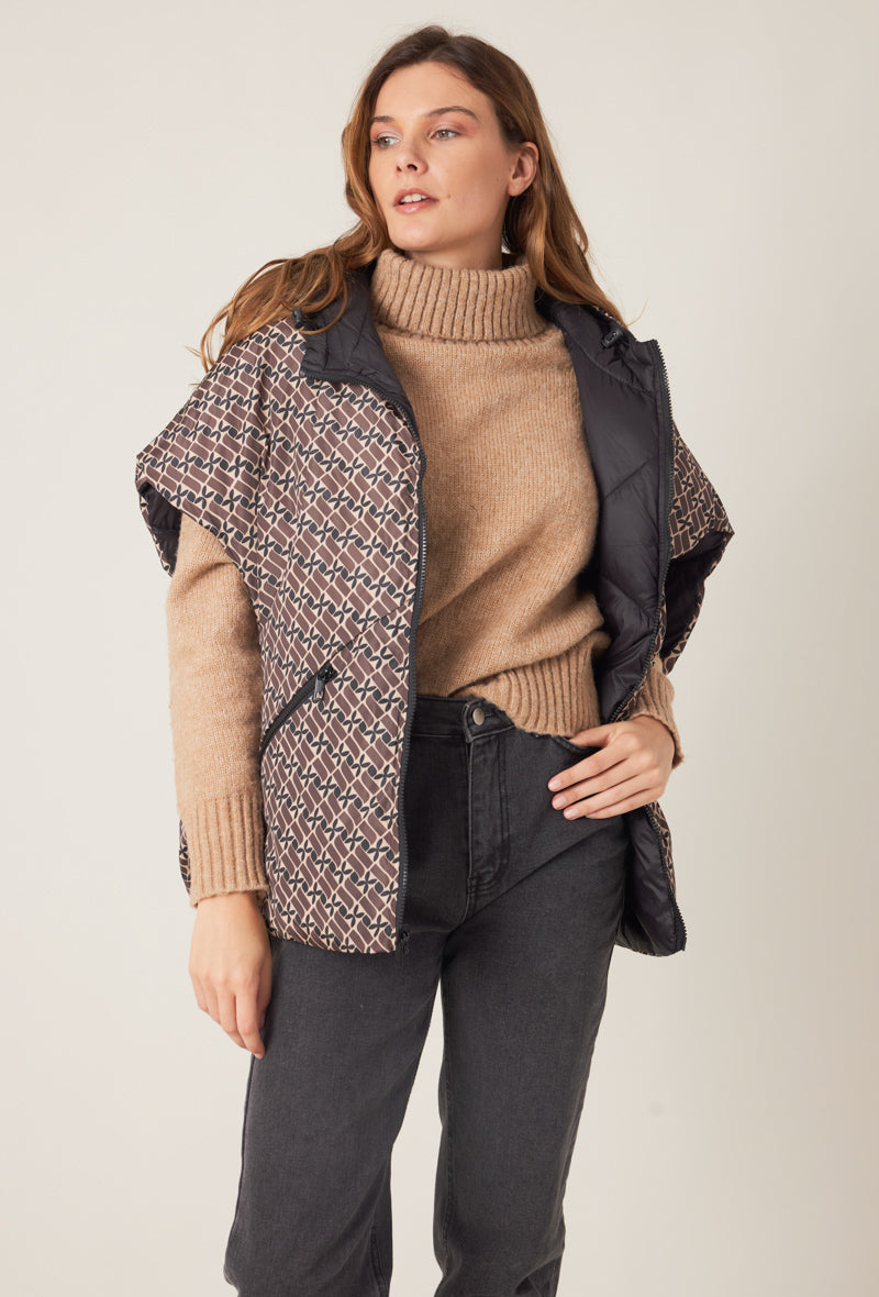 doudoune cape réversible motifs taupe noir
#couleur_taupe