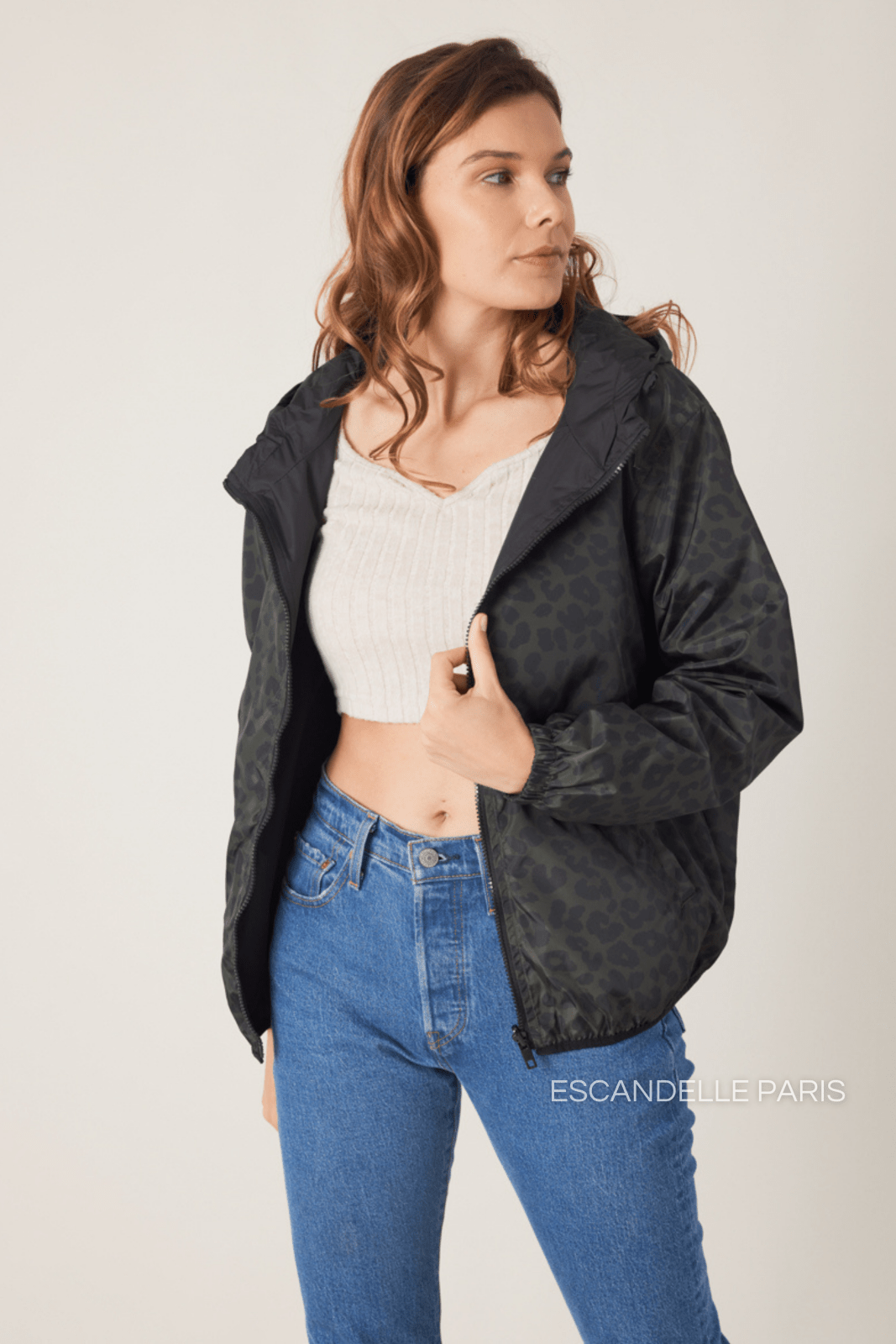 LILOU - Parka Kaki - Escandelle (Vue de face - portrait - réversible côté léopard)