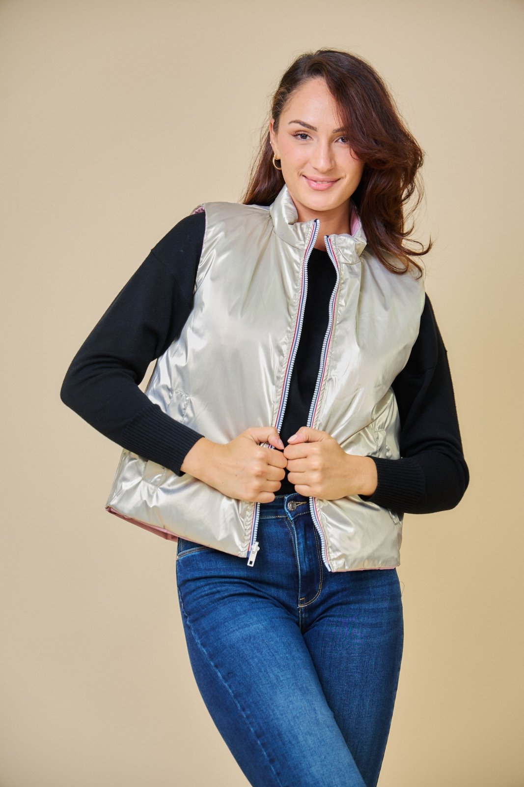 LUNA - Doudoune Rose - Escandelle (Vue de face - portrait - réversible imperméable dorée)