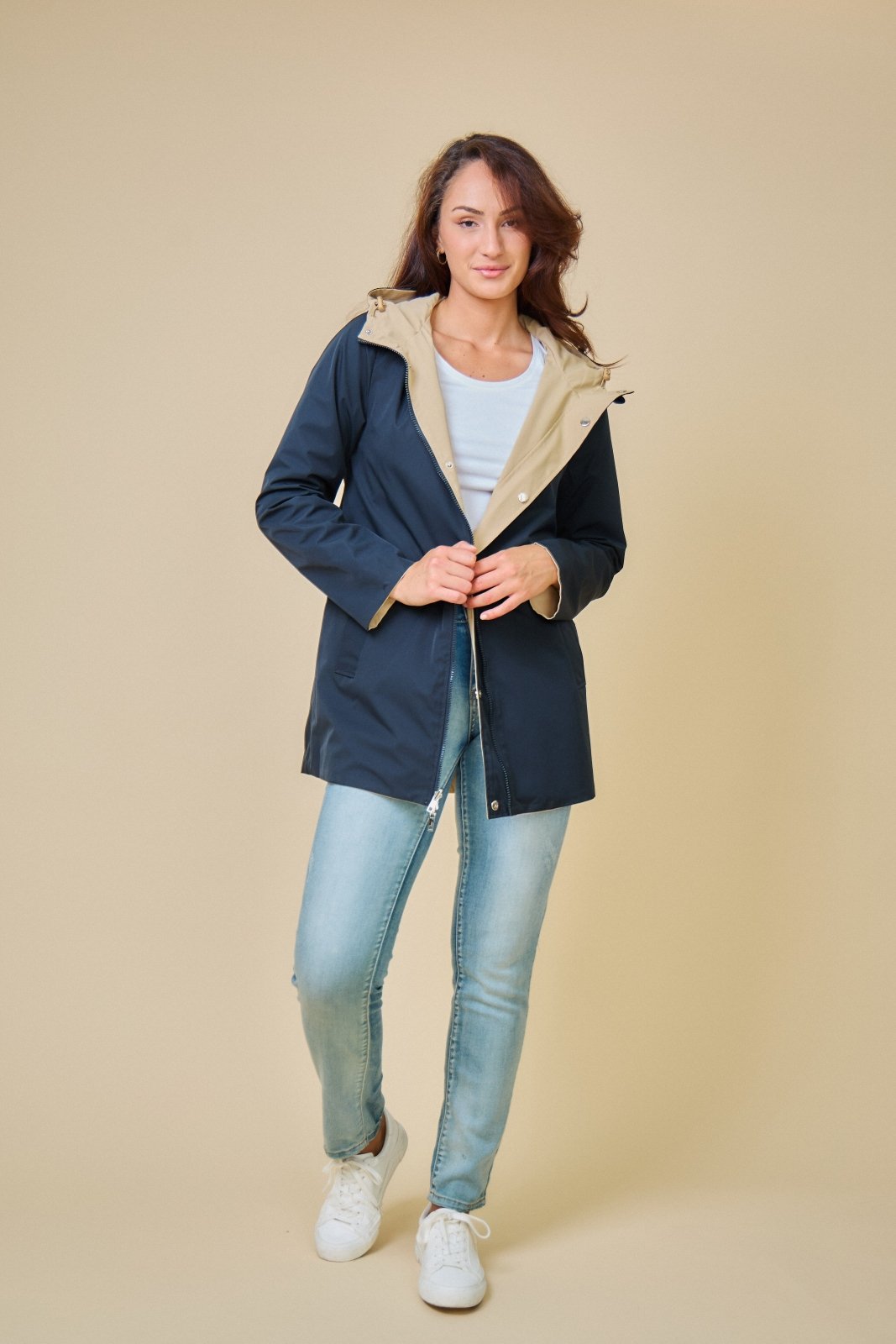 TOM - Parka Beige - Escandelle (Vue de face - silhouette entière - côté réversible déperlant)