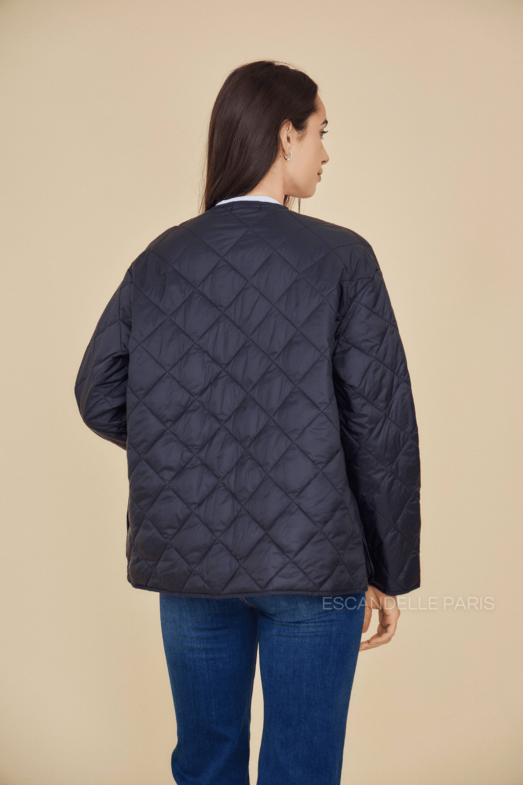 VICTOIRE veste matelassée mi-longue losanges noir femme - Escandelle Paris (vue de dos)
#couleur_noir
