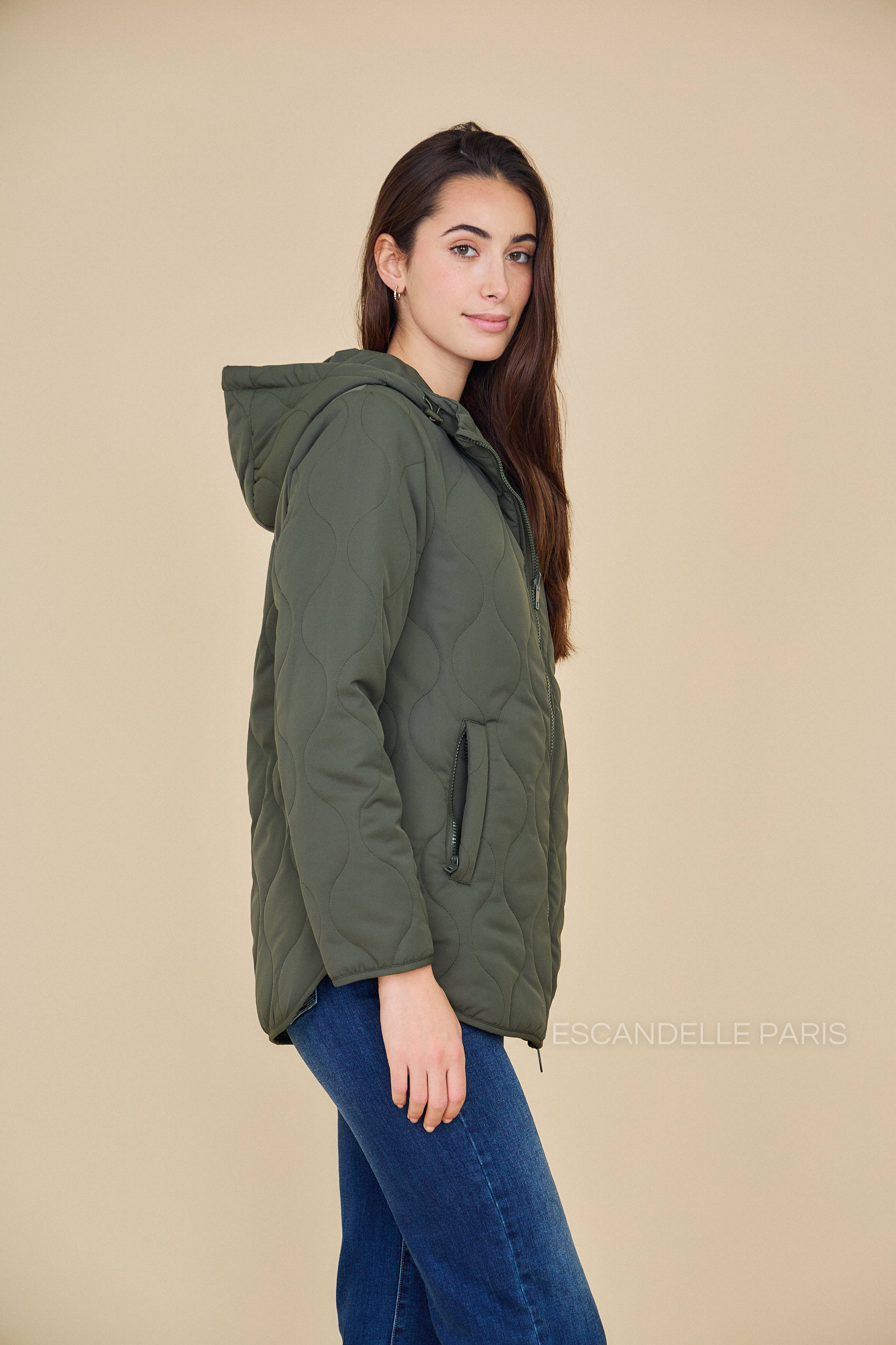 Veste CASSIS mi-longue matelassée réversible kaki #couleur_kaki