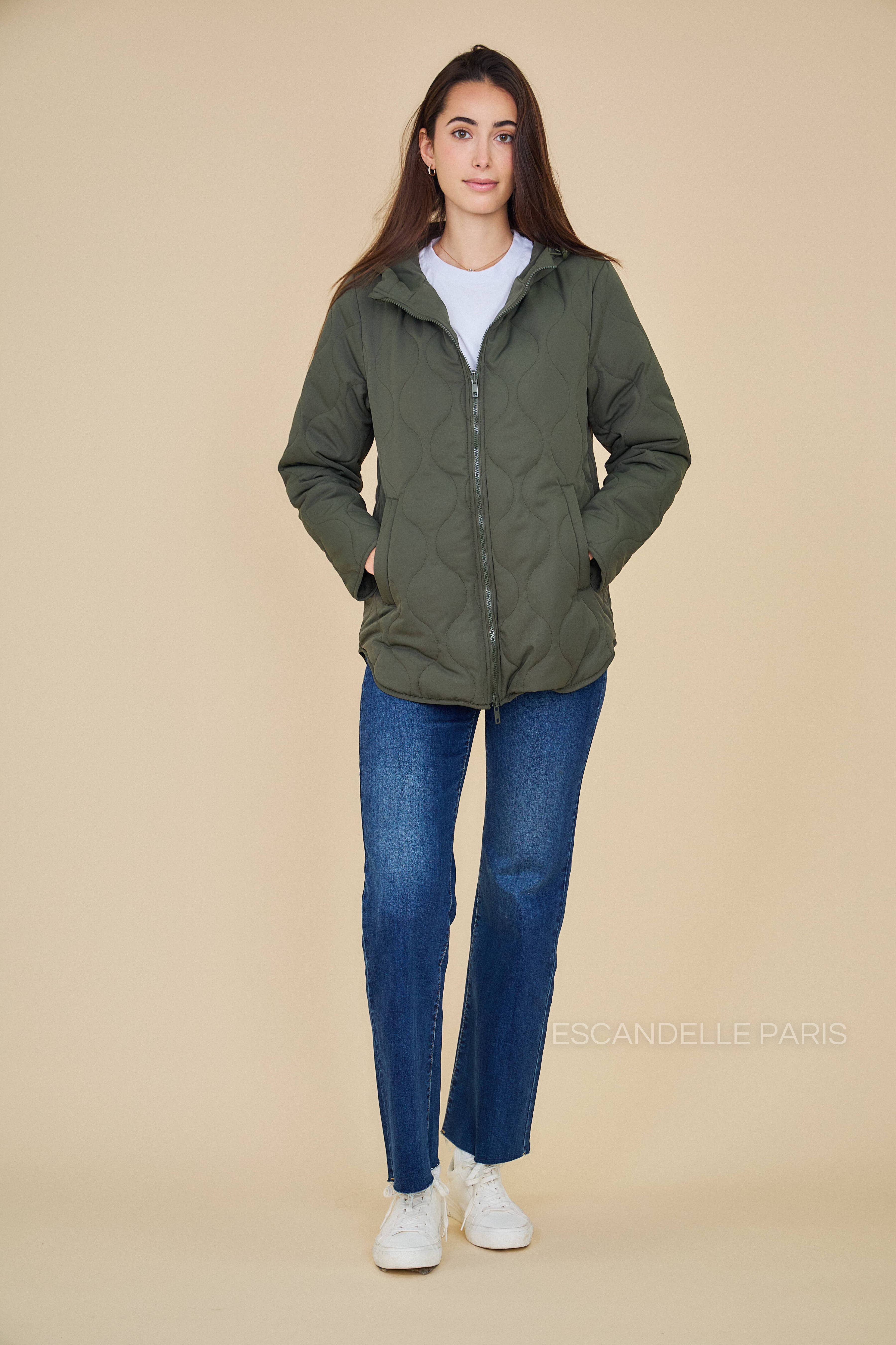 Veste CASSIS mi-longue matelassée réversible kaki #couleur_kaki