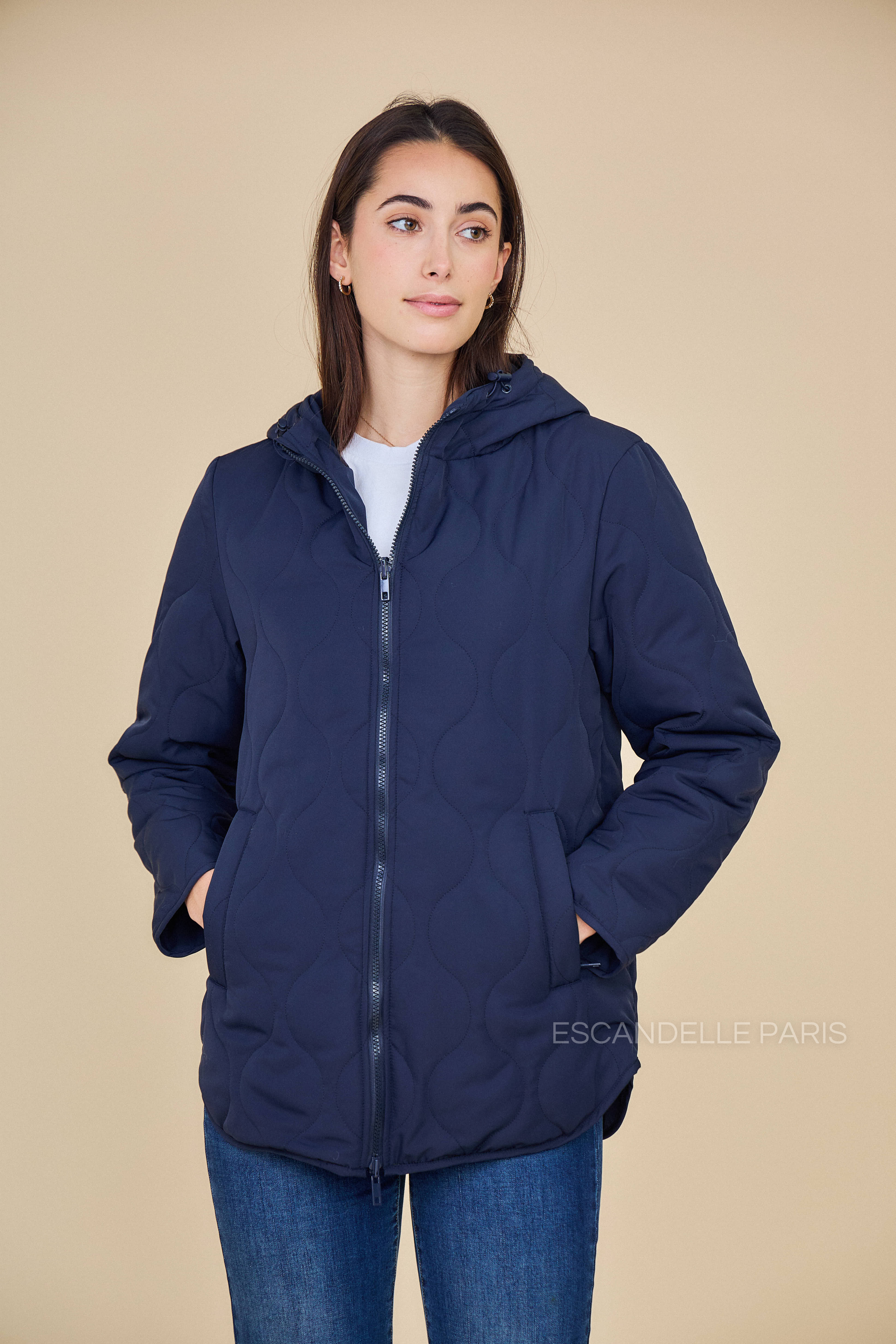 Veste CASSIS mi-longue matelassée réversible marine #couleur_marine