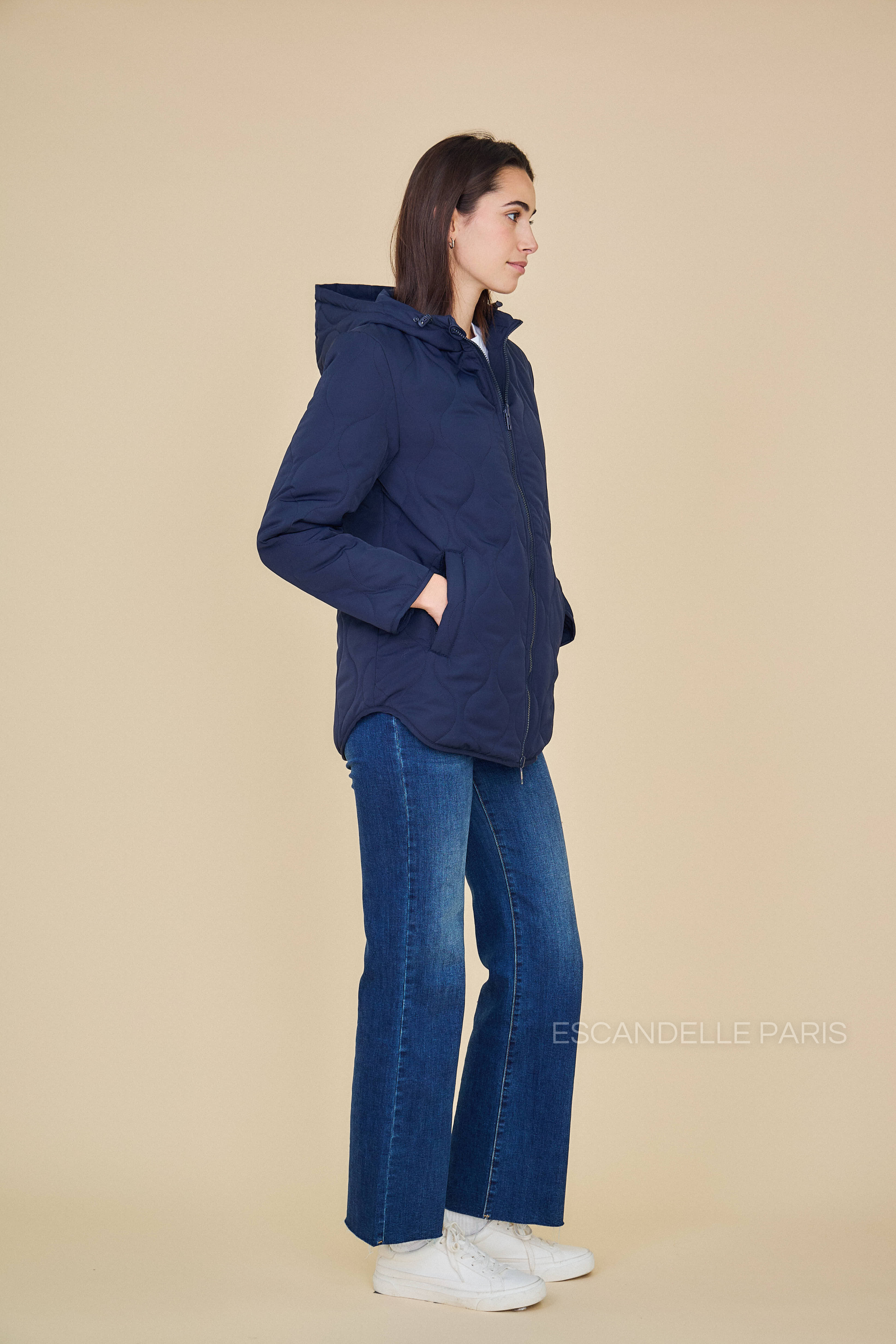 Veste CASSIS mi-longue matelassée réversible marine #couleur_marine