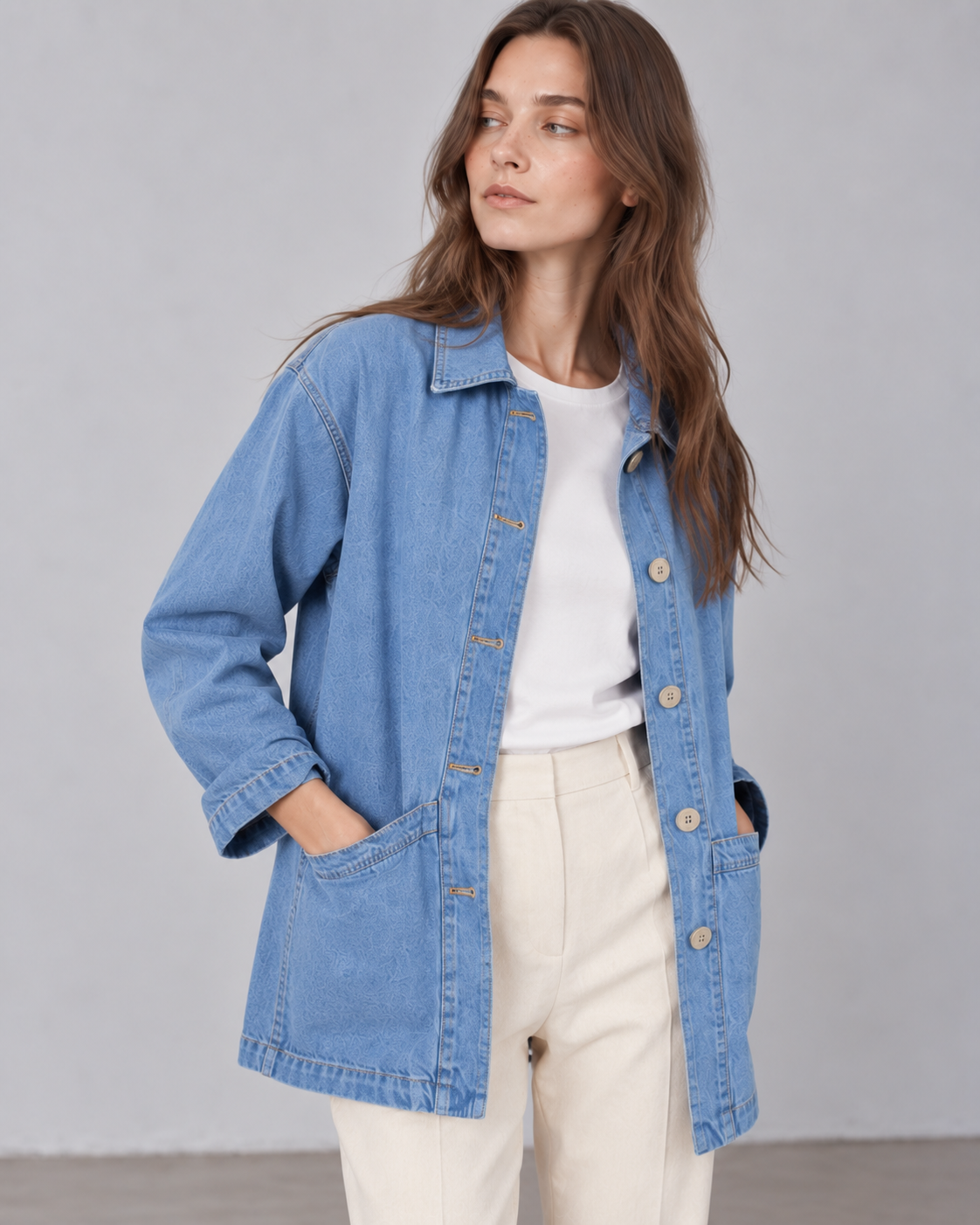 GABRIEL veste mi-longue denim oversize col chemise poches bleu clair femme - Escandelle Paris (portrait)
#couleur_bleuclair