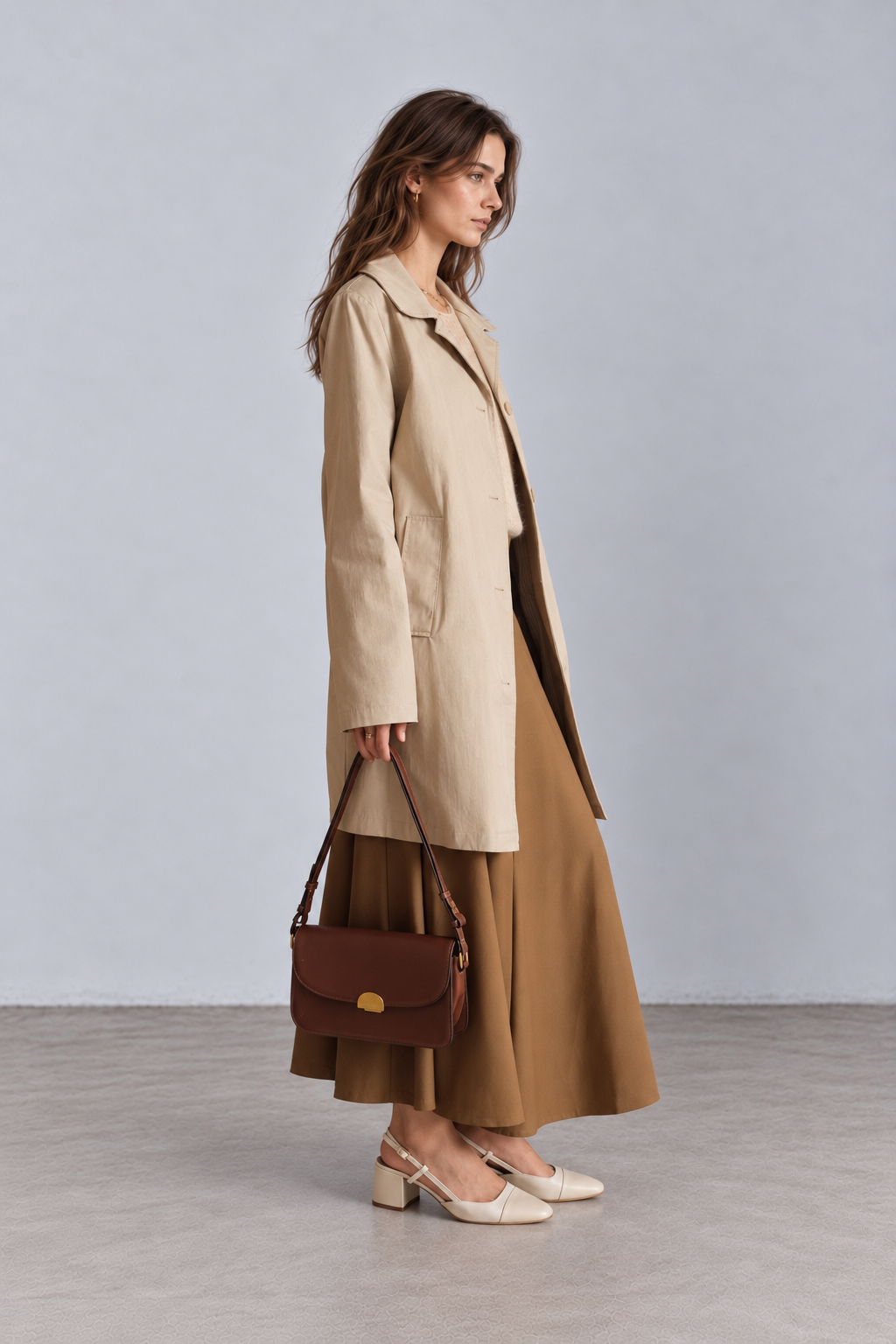 CAMILLE trench long coton déperlant coupe droite col tailleur beige femme - Escandelle Paris (gros plan détails matière)
#couleur_beige