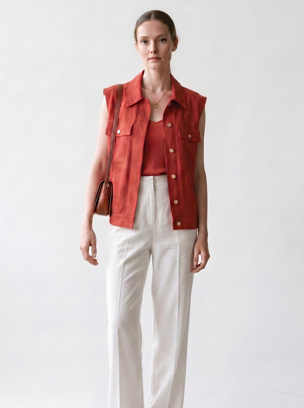 Gilet sans manches - Brique - Col français et poches - Boutonnière - EscandelleParis - Devant
#couleur_brique