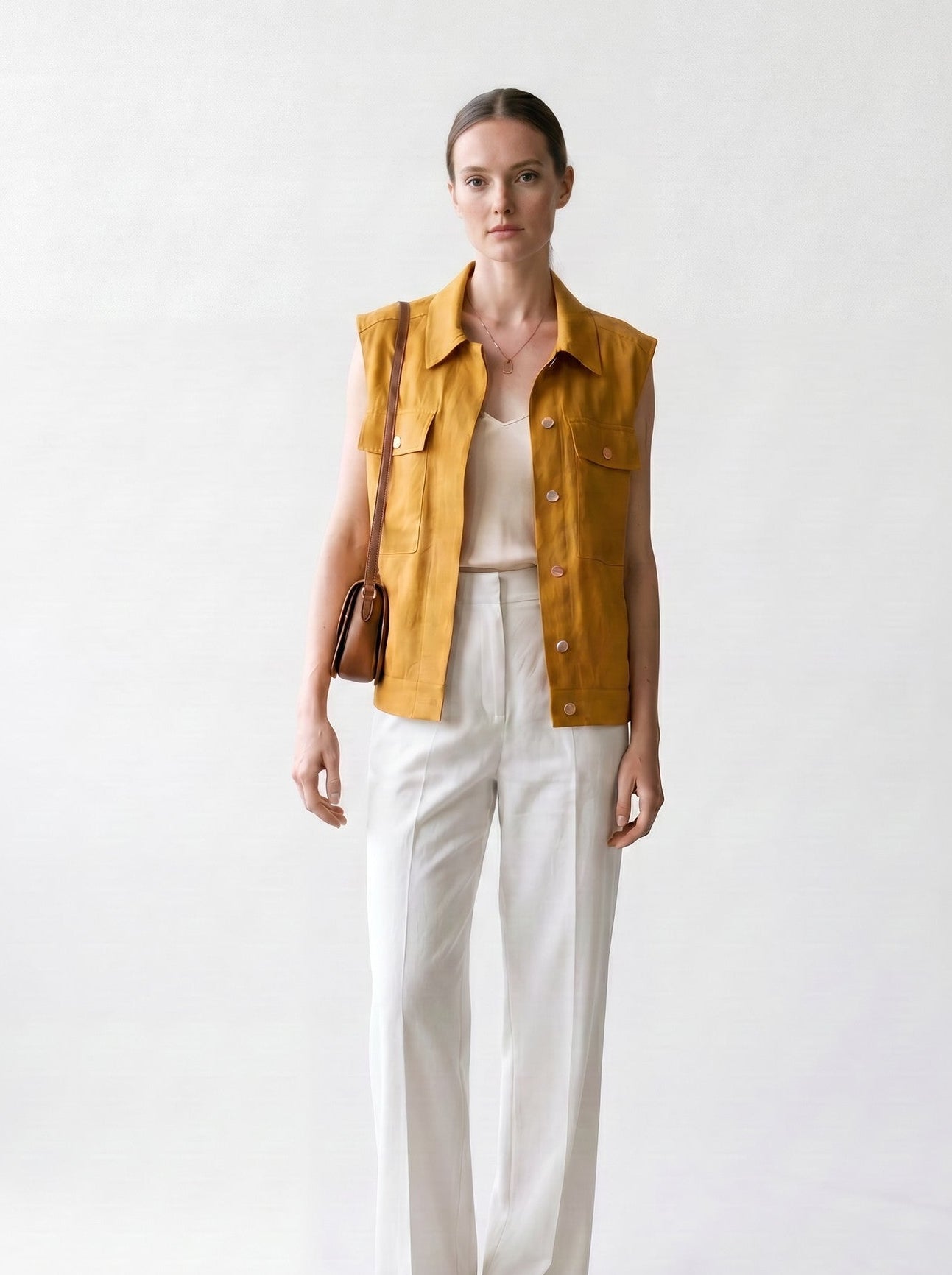 Gilet sans manches - Jaune - Col français et poches - Boutonnière - EscandelleParis - Devant
#couleur_safran