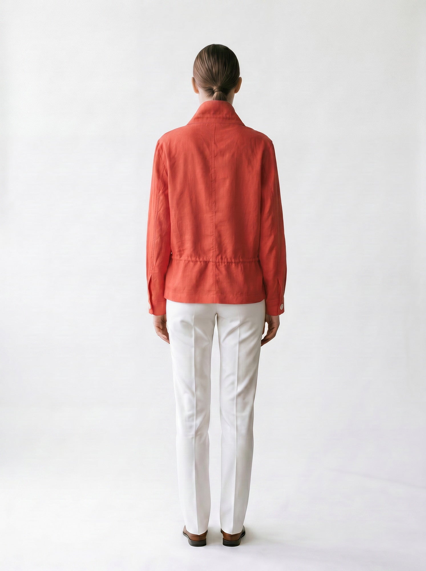 Veste longue à élastique et cordons - col montant - boutonnière devant - EscandelleParis - Brique - Dos
#couleur_brique