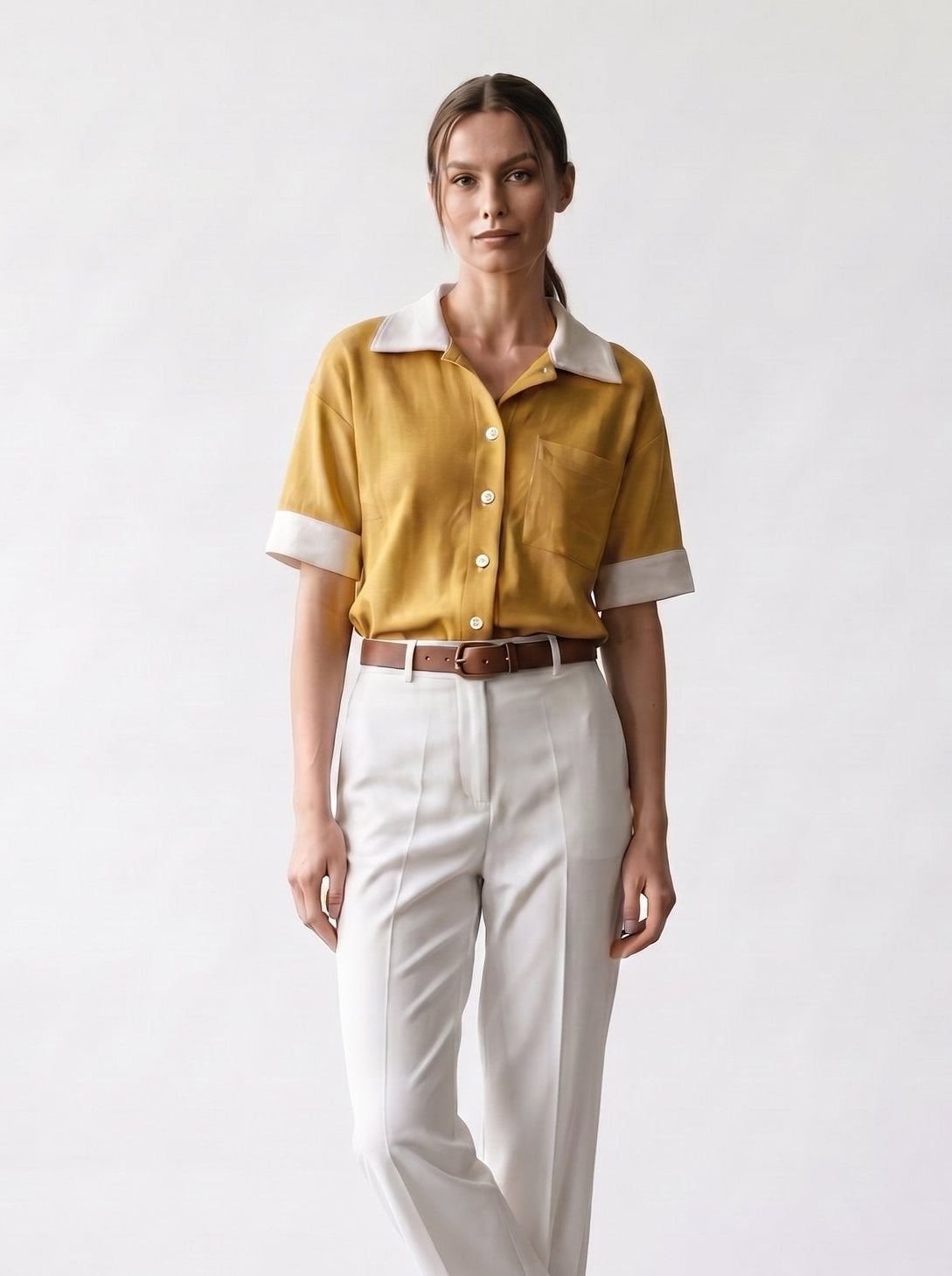 Chemise manches courtes - jaune - Col et bas de manches contrastés - poche poitrine - devant - EscandelleParis
#couleur_jaune