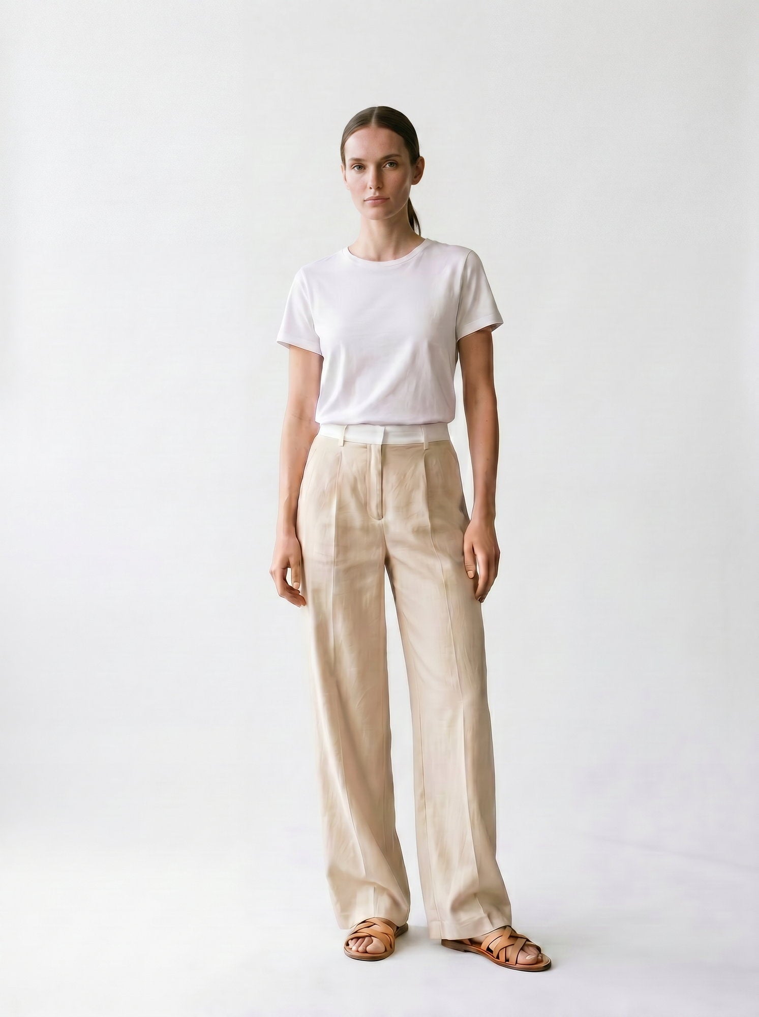 Pantalon droit large - Contrasté à la taille - Beige - Poches et passants - EscandelleParis - Devant
#couleur_beige