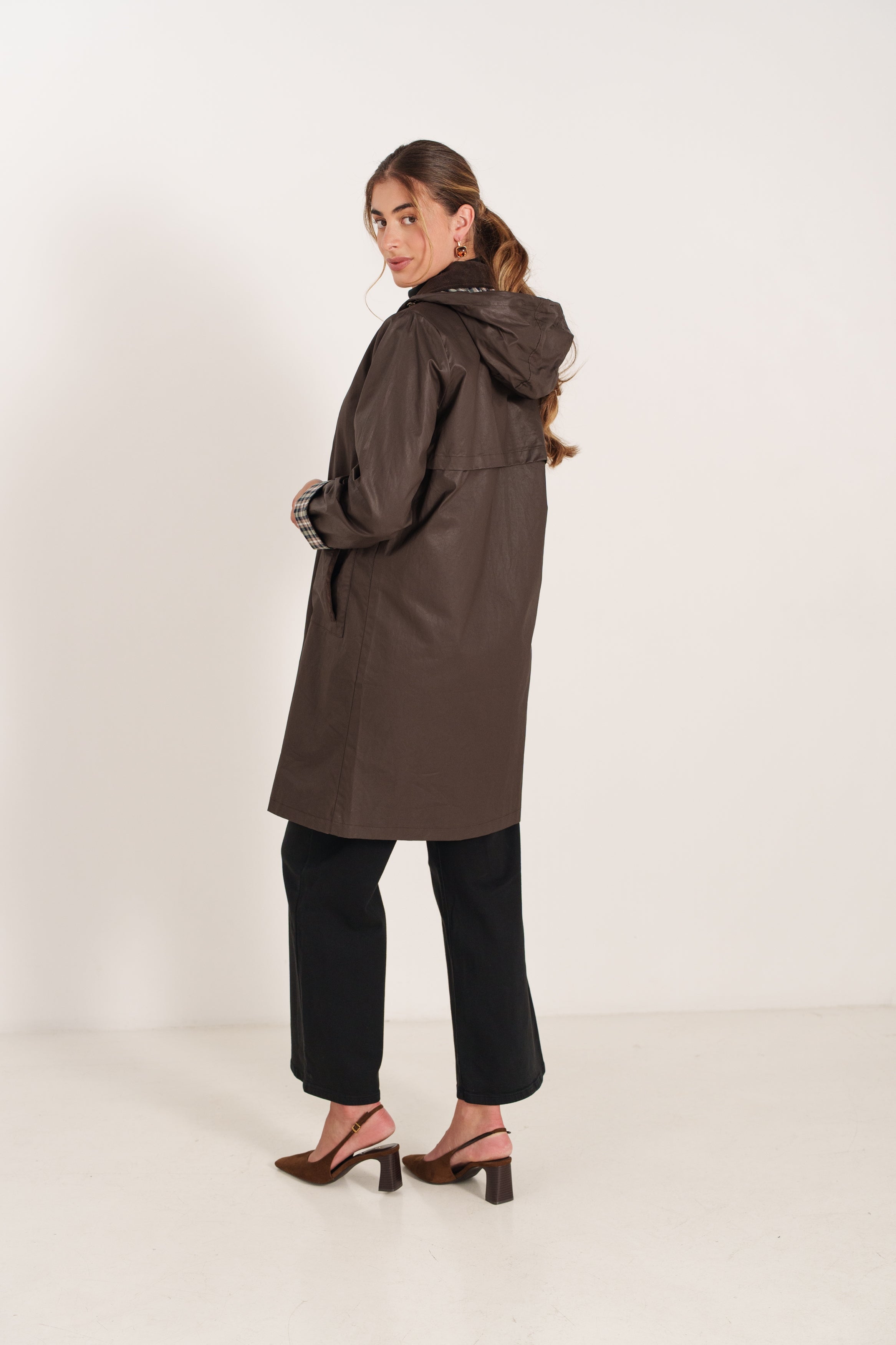 ANAEL veste longue coton bi-matière carreaux poches choco femme - Escandelle Paris (dos)
#couleur_choco