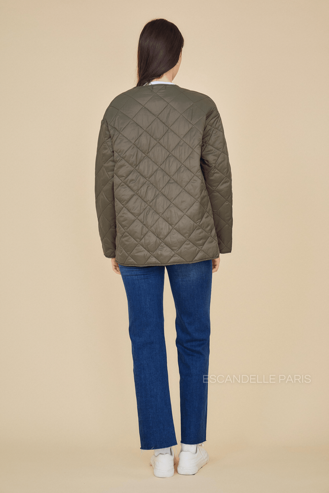 VICTOIRE veste matelassée mi-longue losanges kaki femme - Escandelle Paris (vue de dos)
#couleur_kaki