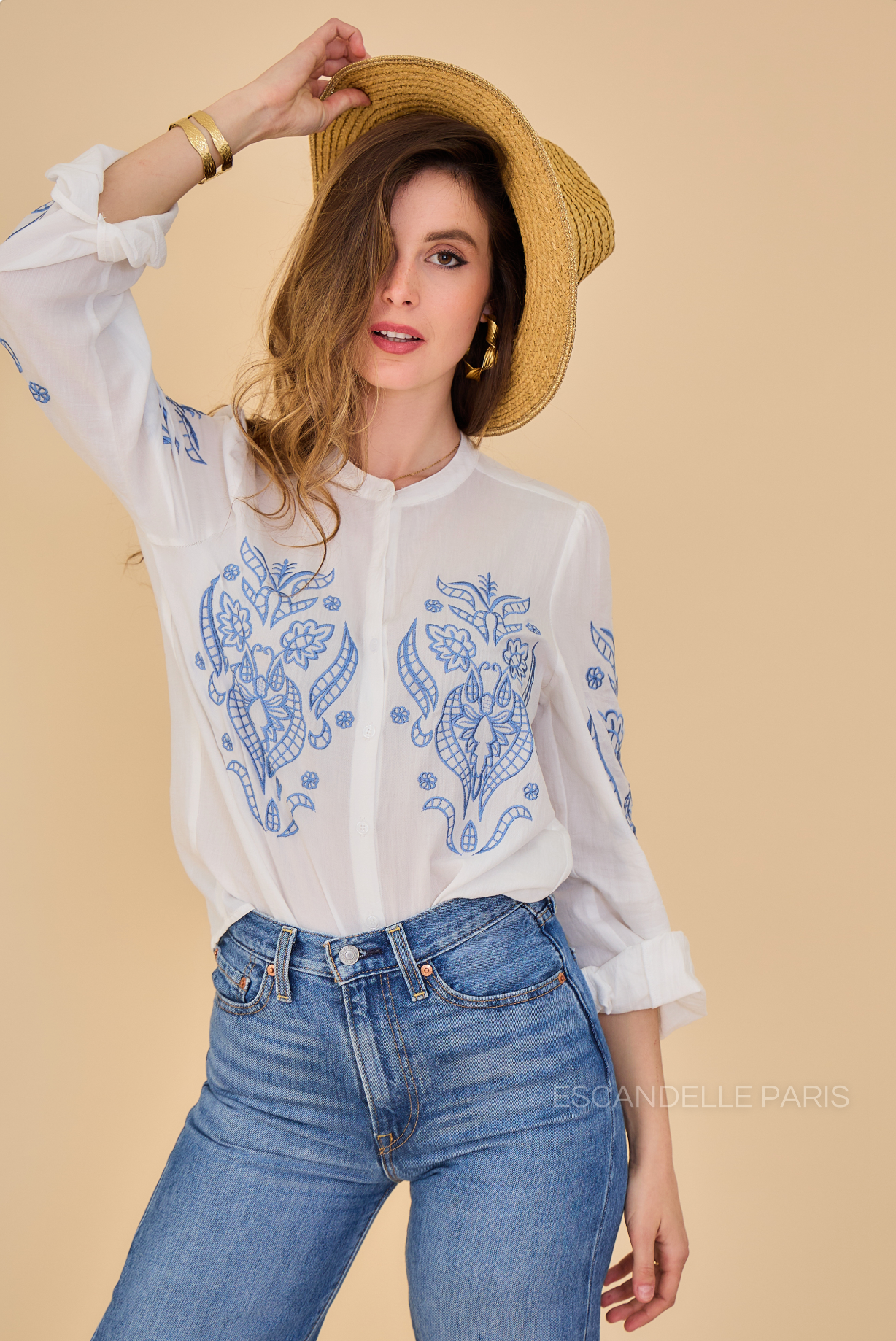 SUZY - Embroidered shirt with mandarin collar