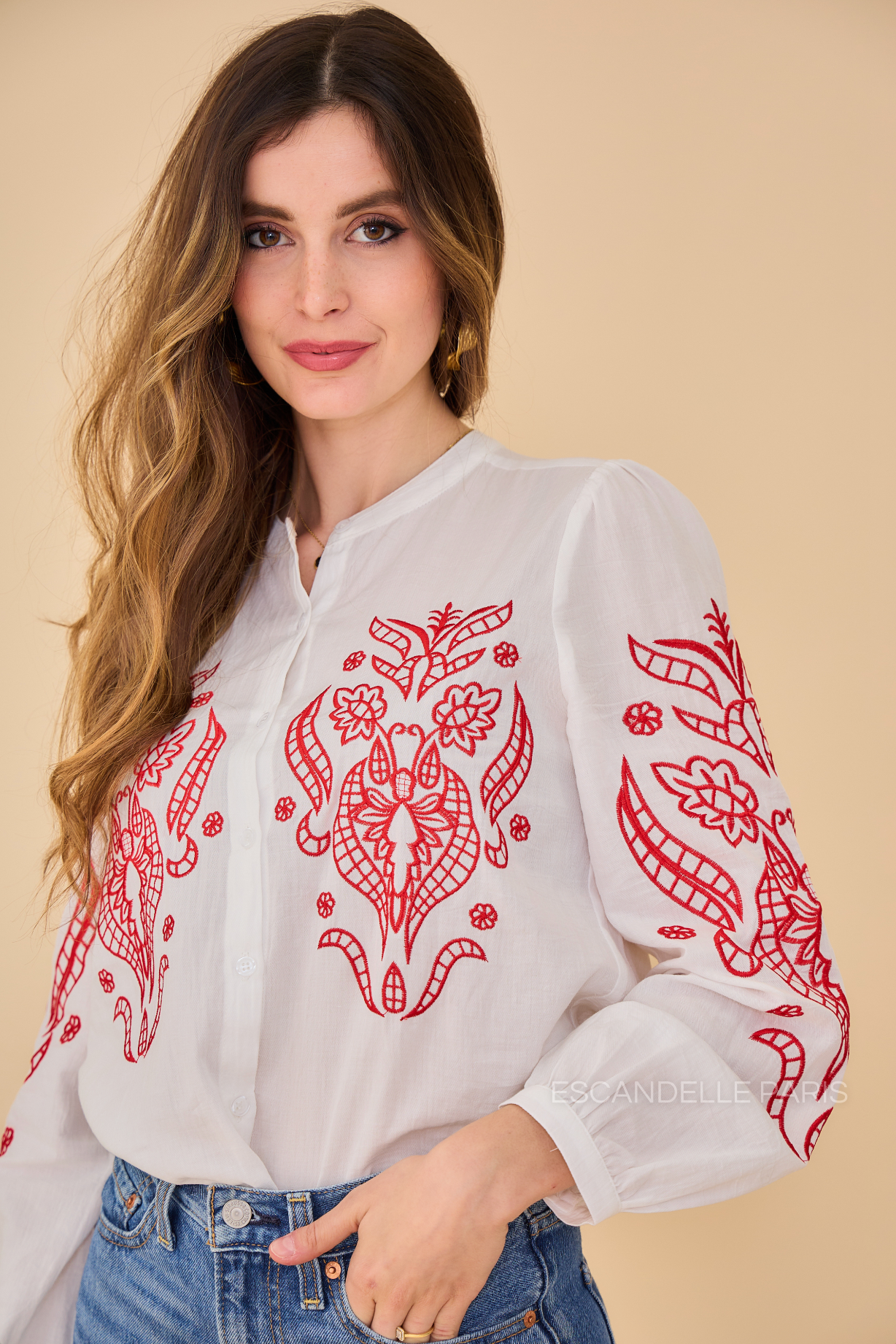 SUZY - Embroidered shirt with mandarin collar