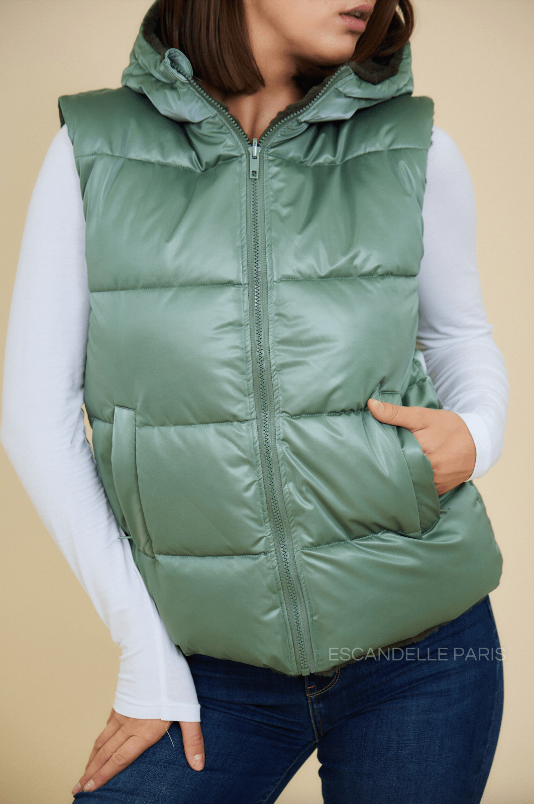 LOU - Doudoune Vert - Escandelle (Gros plan sur les détails et matières)