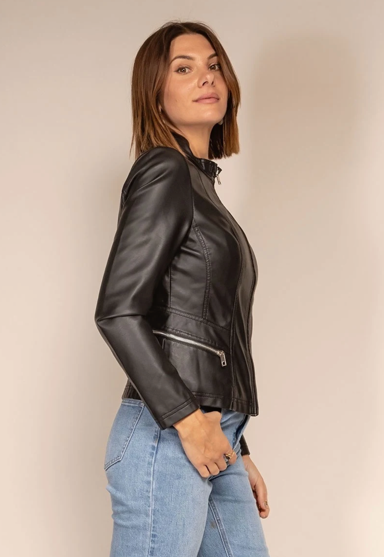 Faux leather jacket with stand-up collar