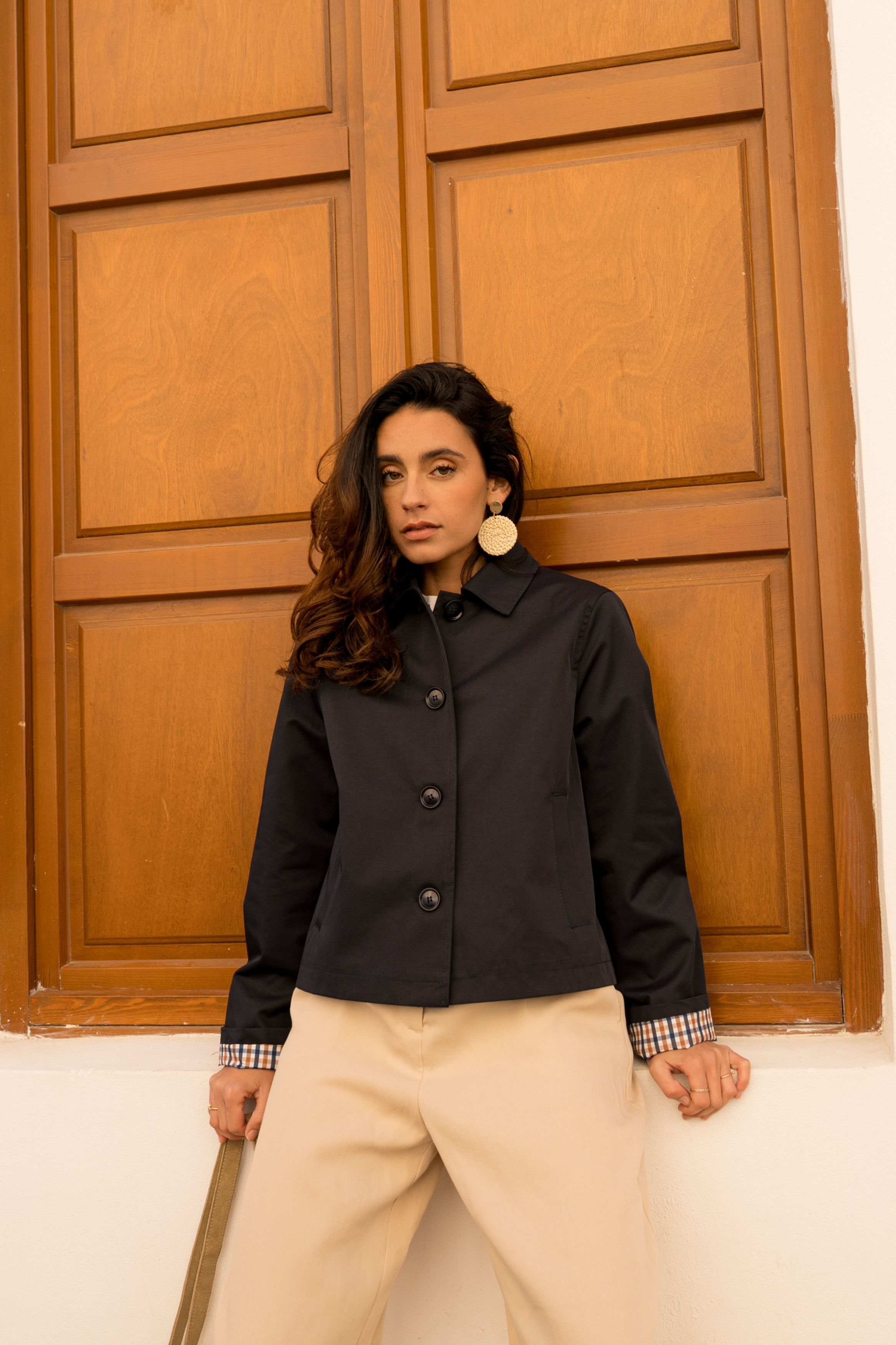 Veste en coton déperlante, doublure à carreaux, col français et fermeture à glissière, devant
#couleur_navy