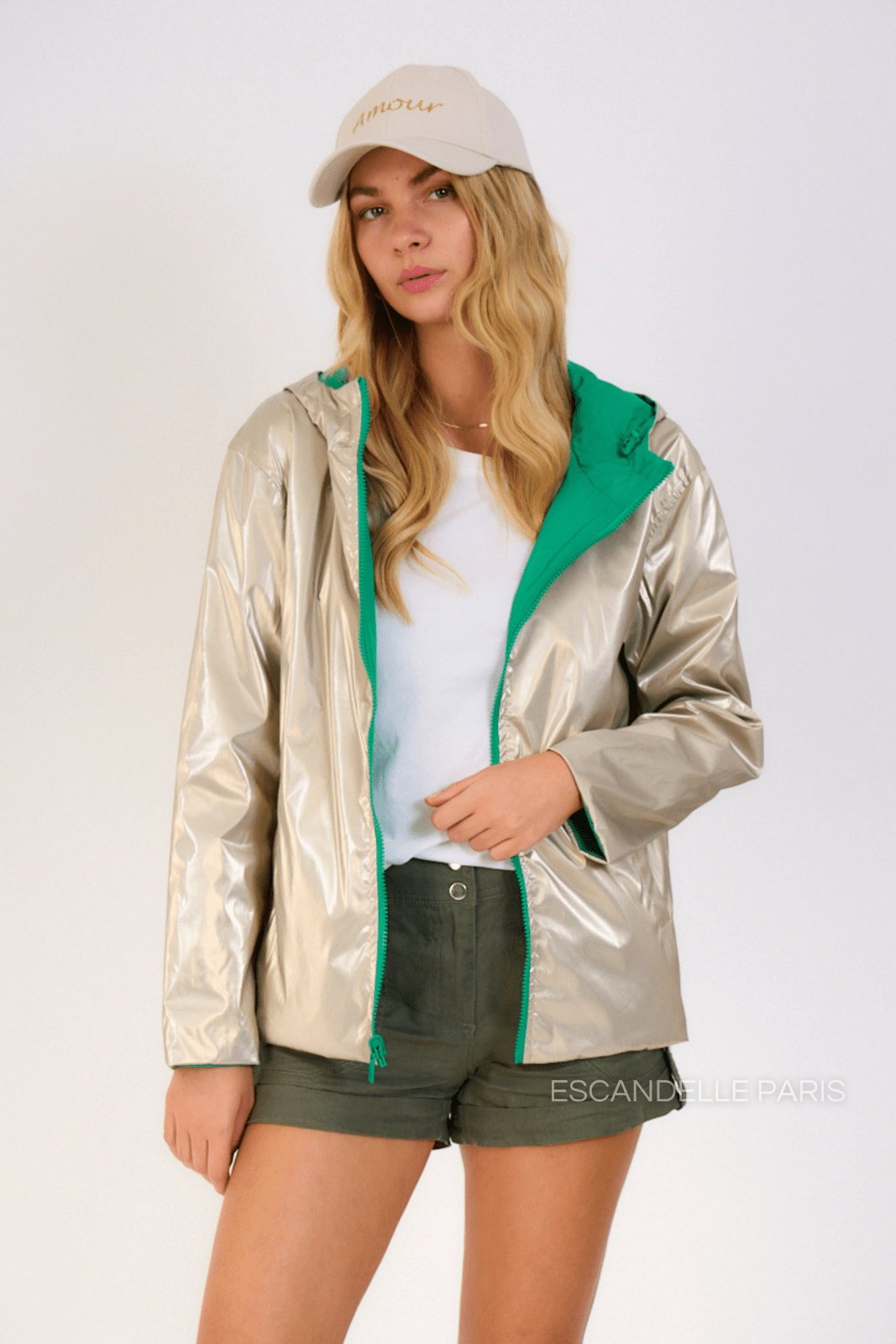 APRIL parka courte réversible métallisée vert femme - Escandelle Paris (dos)
#couleur_vert