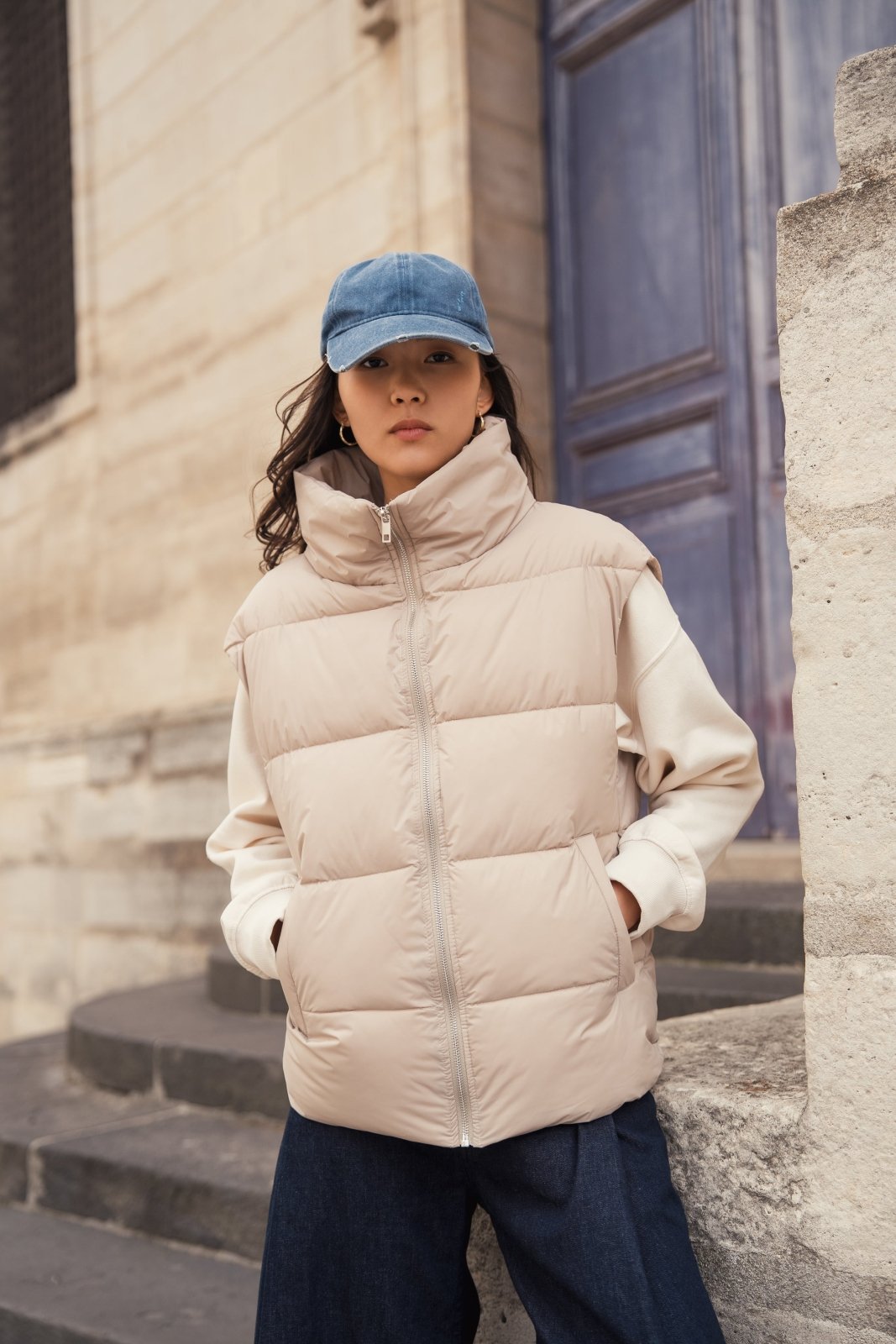 HELENE doudoune sans manches matelassée beige femme - Escandelle Paris (portrait)
#couleur_beige