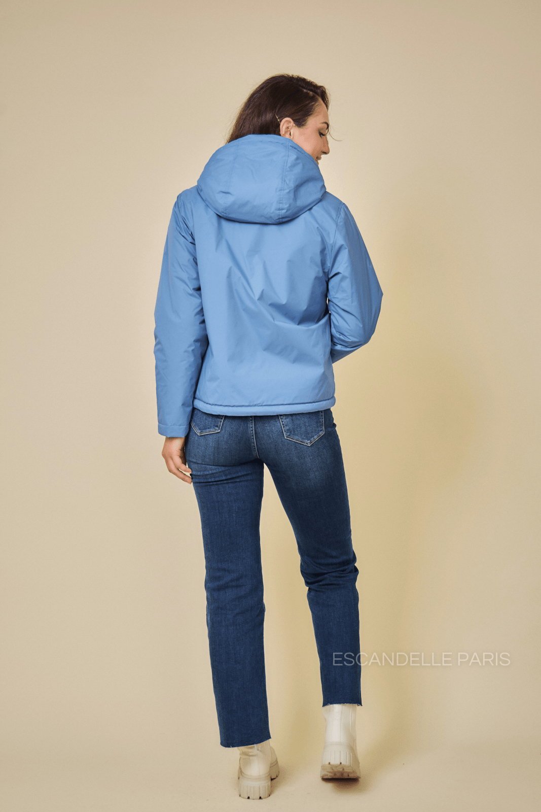 JIMMY parka courte imperméable fourrée jeans femme - Escandelle Paris (vue de dos)
#couleur_jeans