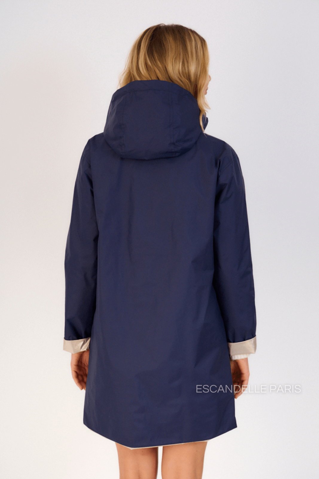 JUNE parka longue imperméable réversible métallisée navy femme - Escandelle Paris (côté doré)
#couleur_marine