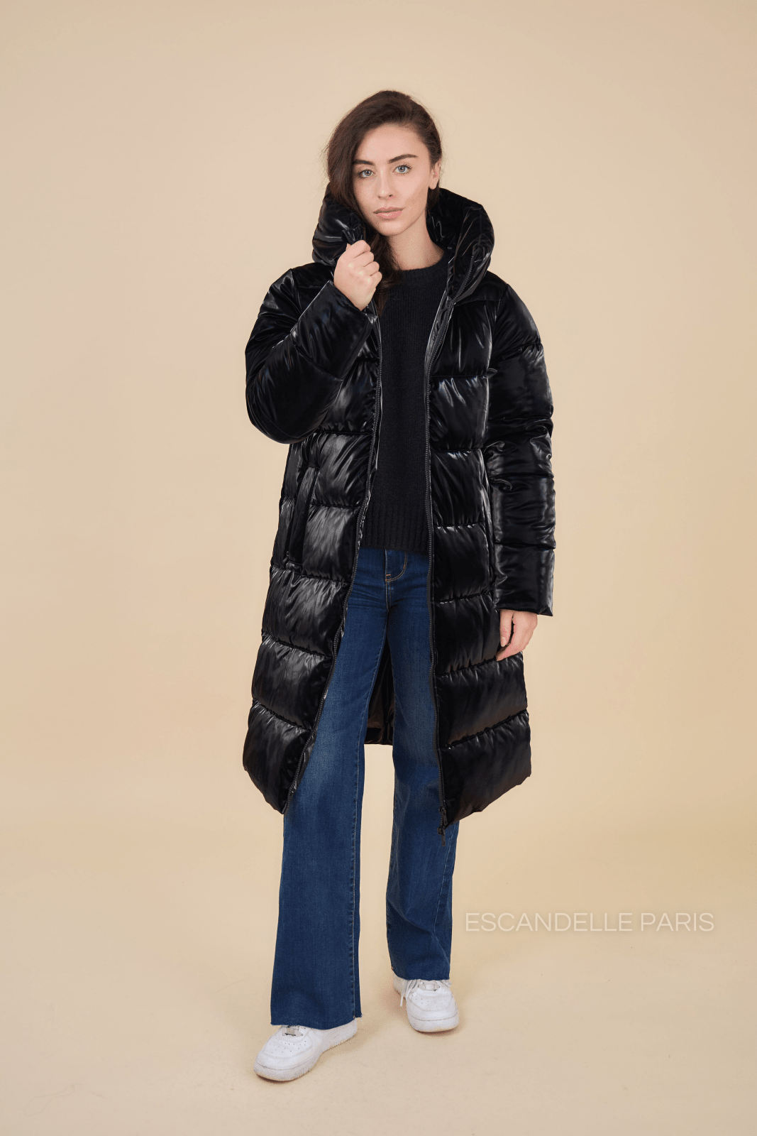 NORTH doudoune longue oversize matelassée noir femme - Escandelle Paris (silhouette zip ouvert)
#couleur_noir