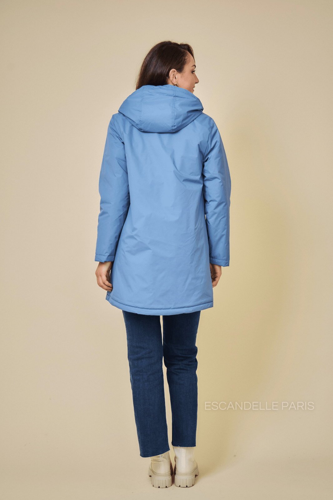 SOL parka mi-longue imperméable fourrée jeans femme - Escandelle Paris (vue de dos)
#couleur_jeans