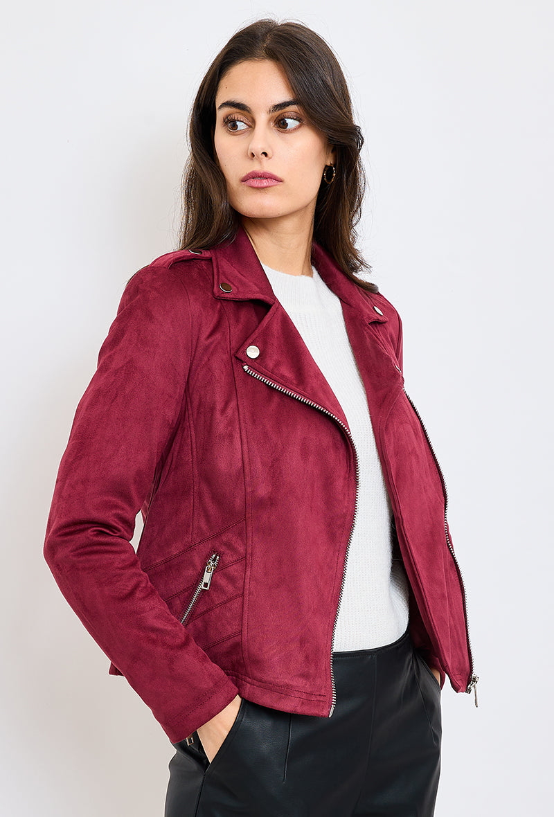 Perfecto suédine NOÉ Escandelle Paris - vue de face - col à revers, fermeture zip, boutons, poches et coupe droite
#couleur_bordeaux