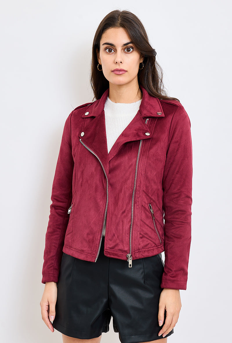 Perfecto suédine NOÉ Escandelle Paris - vue de face - col à revers, fermeture zip, boutons, poches et coupe droite
#couleur_bordeaux