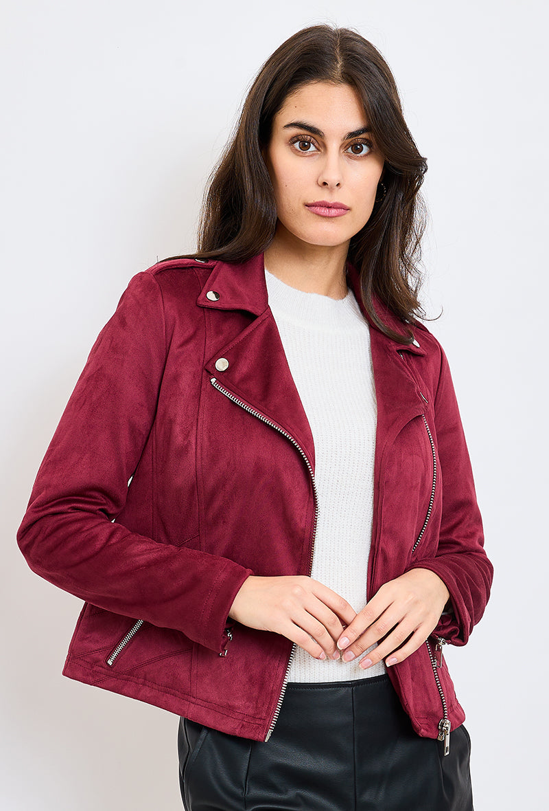 Perfecto suédine NOÉ Escandelle Paris - vue de face - col à revers, fermeture zip, boutons, poches et coupe droite
#couleur_bordeaux