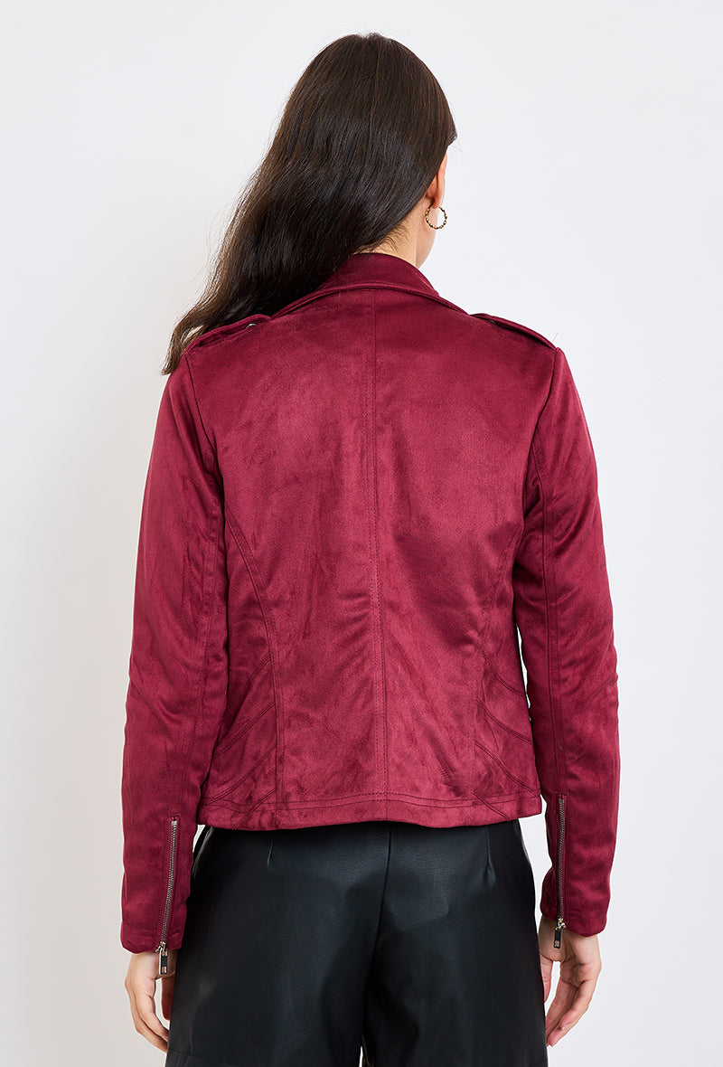 Perfecto suédine NOÉ Escandelle Paris - vue de dos - col à revers, fermeture zip, boutons, poches et coupe droite
#couleur_bordeaux