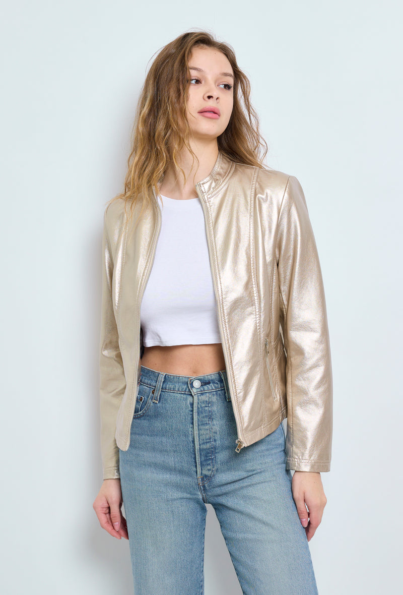 Faux leather jacket with stand-up collar