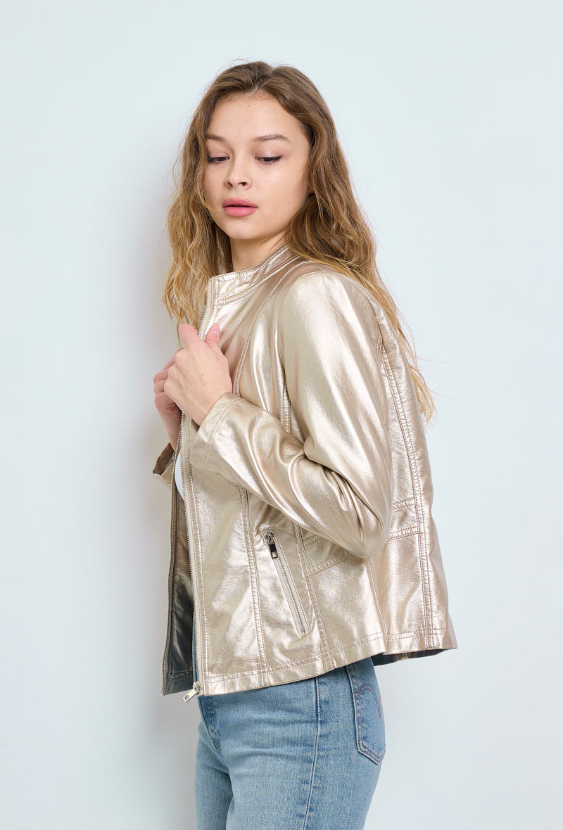 Faux leather jacket with stand-up collar