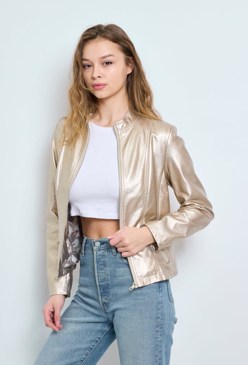 Faux leather jacket with stand-up collar