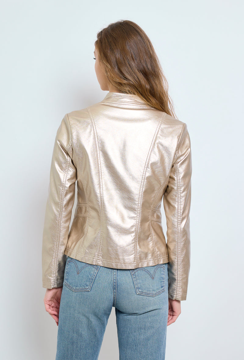 Faux leather jacket with stand-up collar