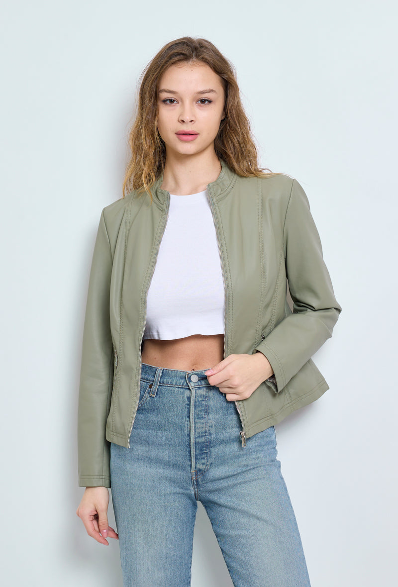 Faux leather jacket with stand-up collar