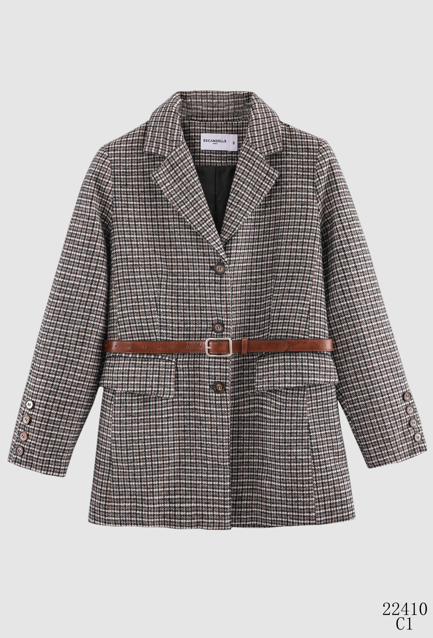 blazer à carreaux, fermeture à 2 boutons, poignets à boutons, col à revers, ensemble veste short, avec ceinture