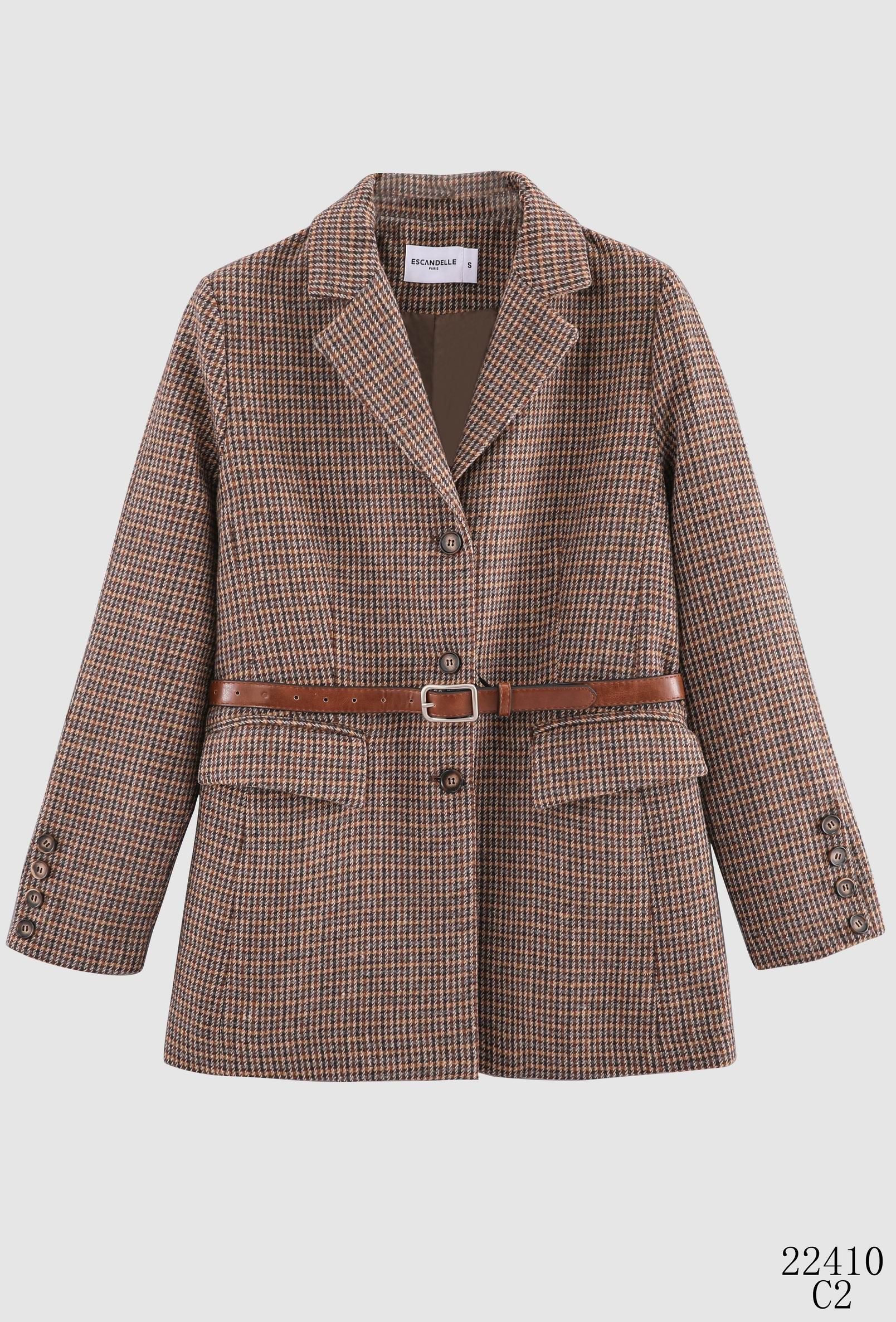 blazer à carreaux, fermeture à 2 boutons, poignets à boutons, col à revers, ensemble veste short, avec ceinture