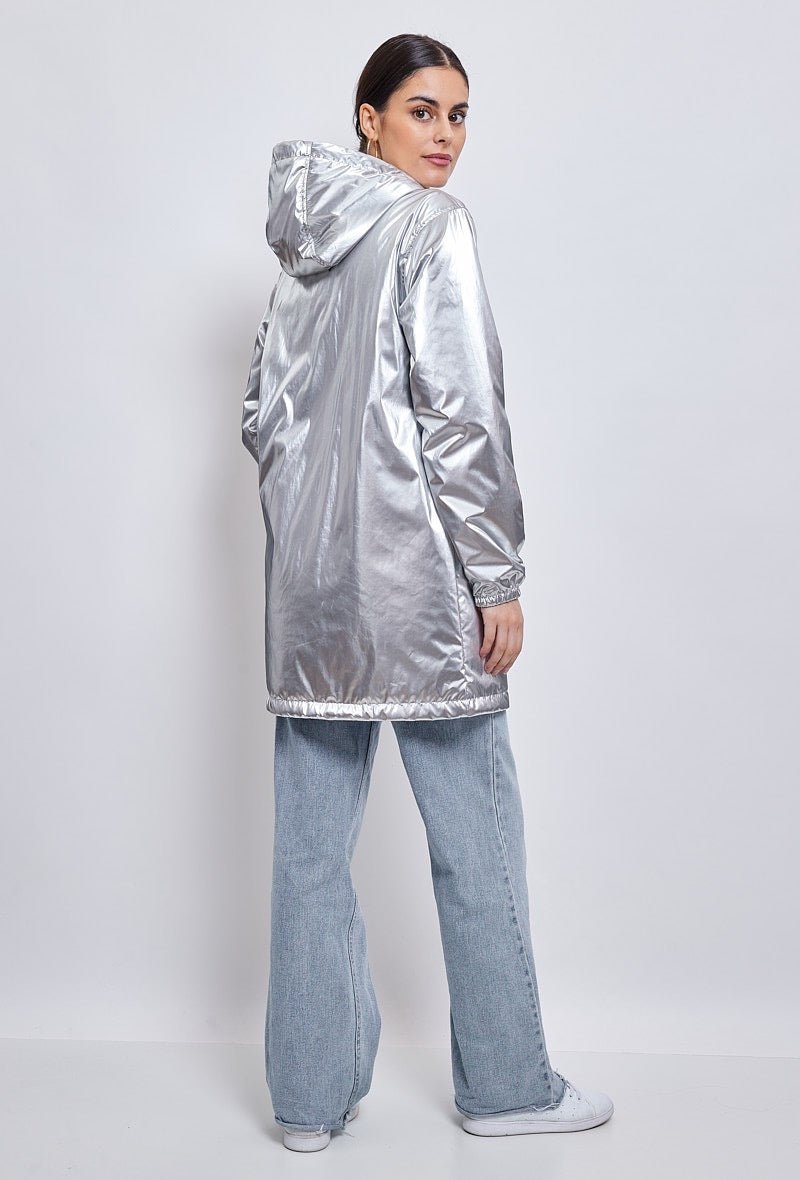 ARA parka mi-longue imperméable métallisée argent femme - Escandelle Paris (profil gauche)
#couleur_argent