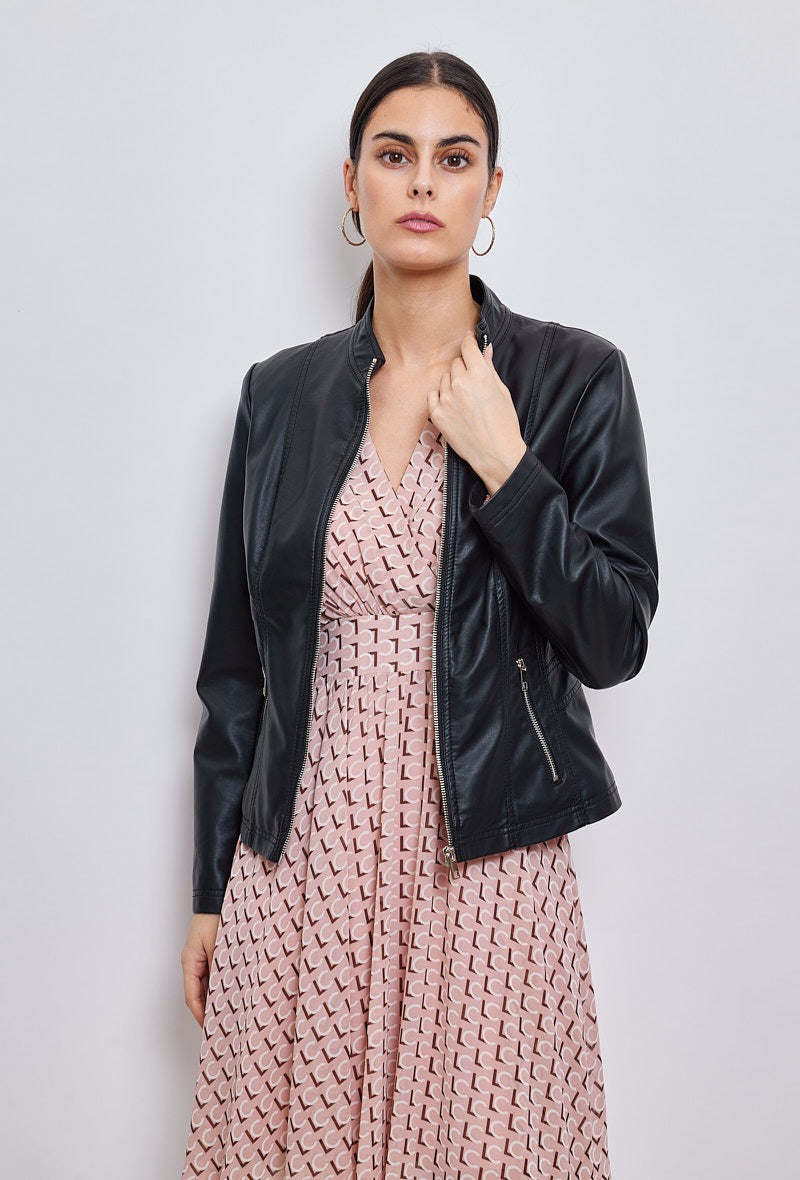 Faux leather jacket with stand-up collar