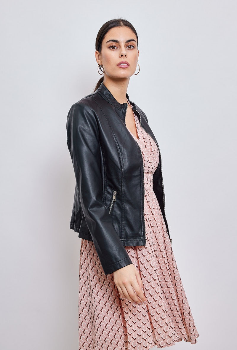 Faux leather jacket with stand-up collar