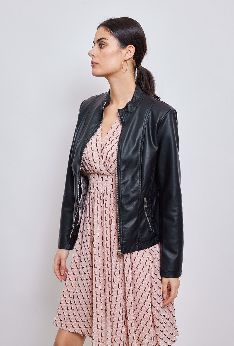 Faux leather jacket with stand-up collar
